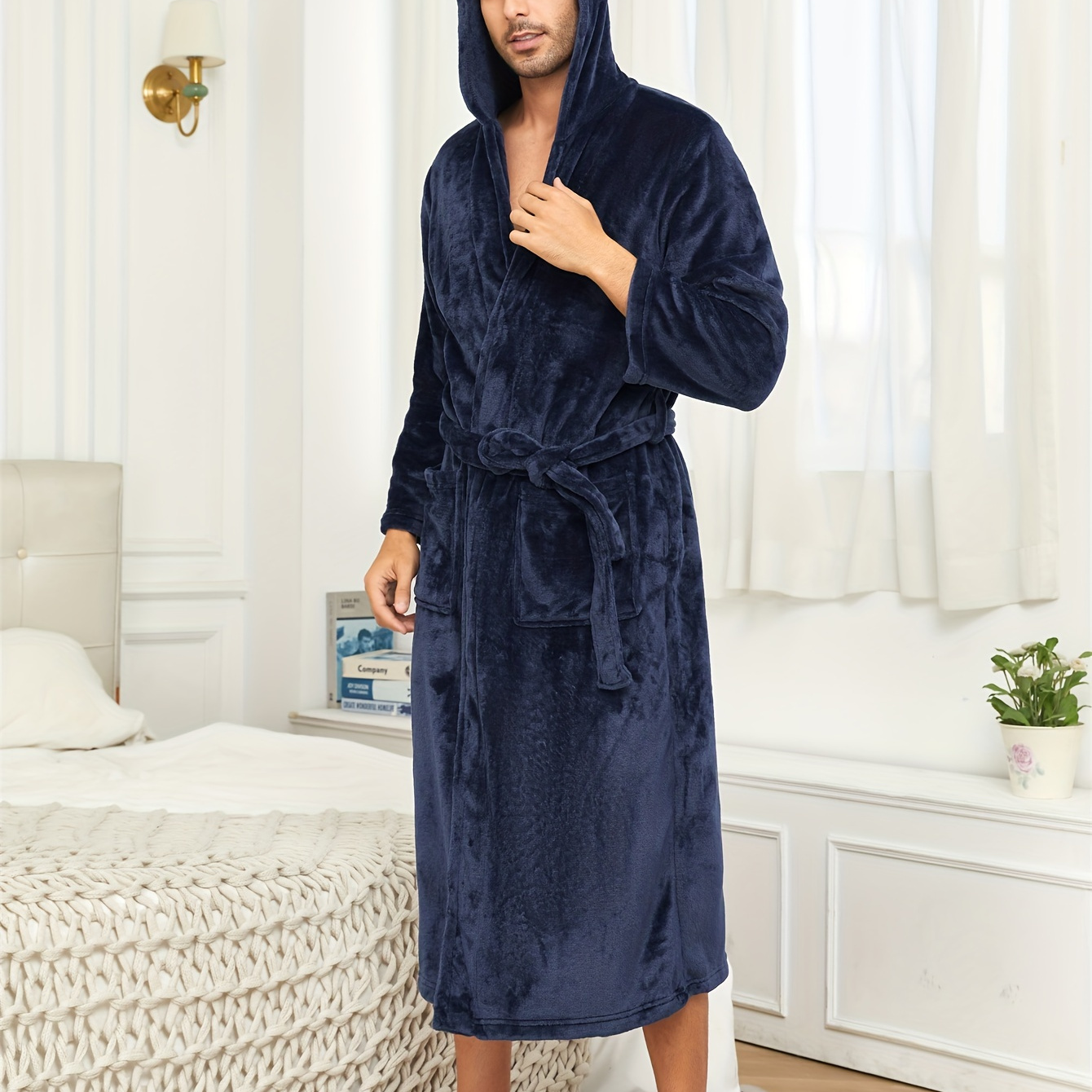 Men's Trendy Pajamas Hooded Warm Flannel Robe With Pockets, Solid One-piece Hooded Pajamas, Coral Fleece Comfy Breathable Skin-friendly Lounge Wear After Bath