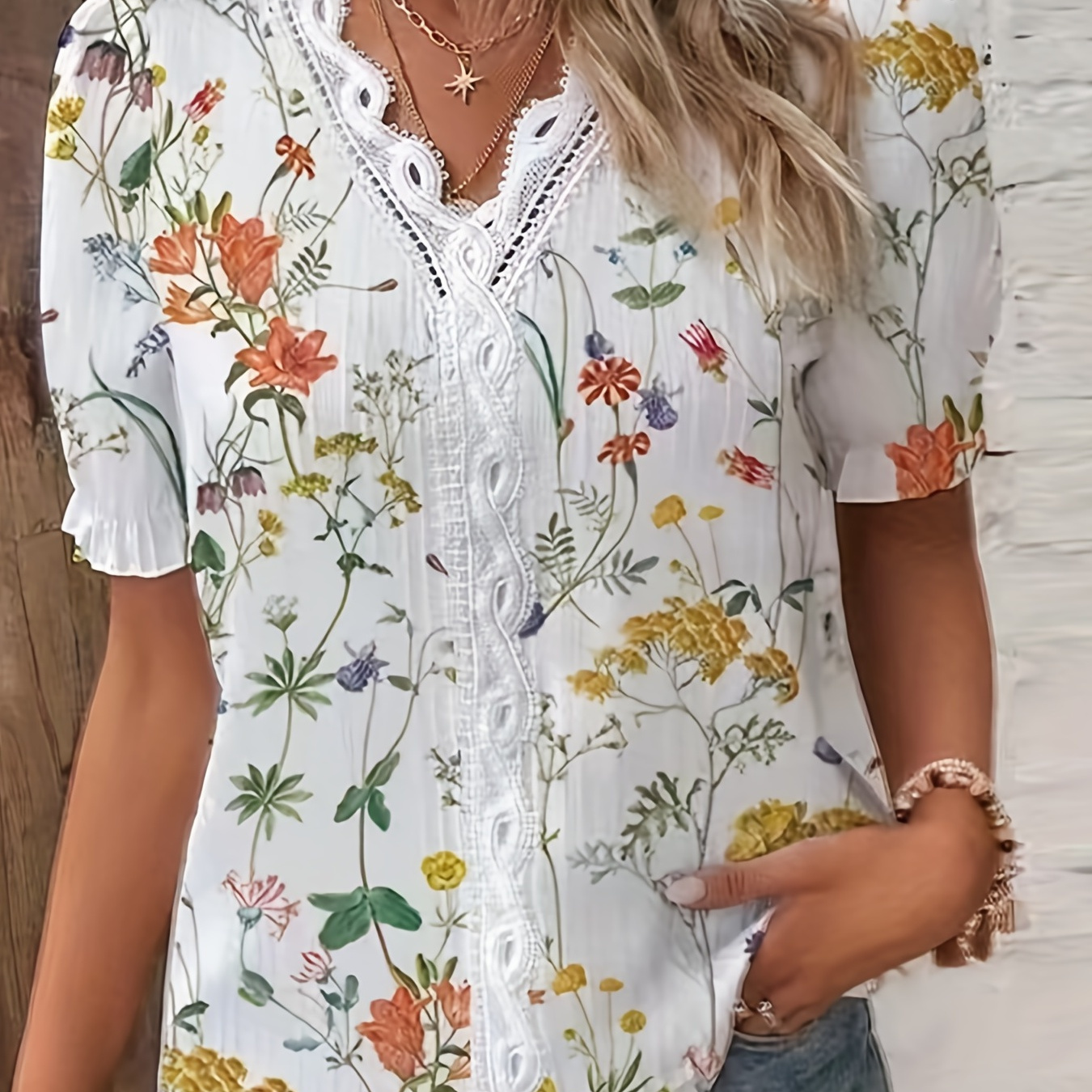 TEMU Floral Print Lace Trim Blouse, Vacation Striped V Neck Short Sleeve Blouse, Women's Clothing