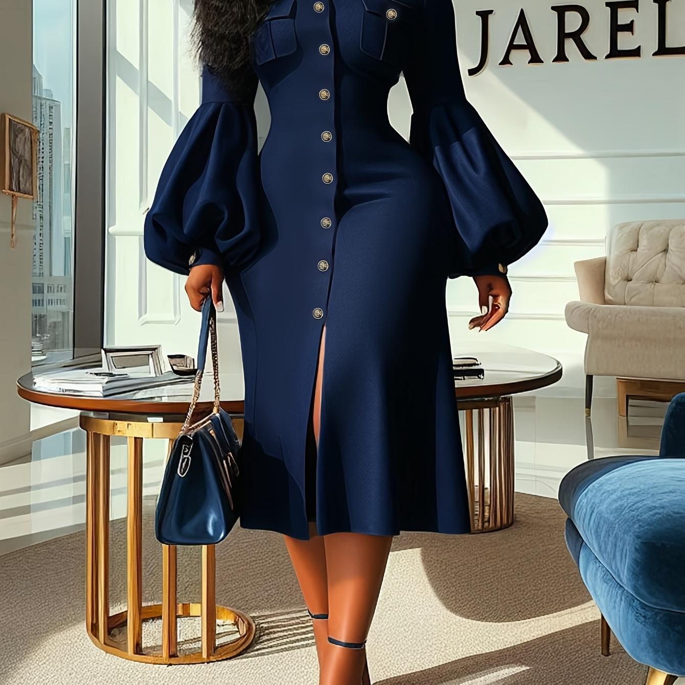 

Elegant Polyester Bodycon Dress For Women, V-neck With Puff Sleeves, Knit Fabric, Solid Color, Lapel Collar, Button Detail, 250g/m², Spring/summer/fall - Navy Blue