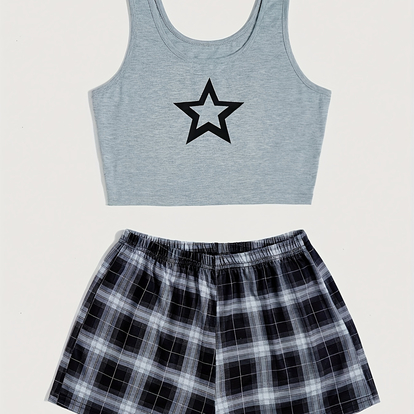 

Star & Plaid Print Pajama Set, Casual Round Neck Crop Tank Top & Elastic Shorts, Women's Sleepwear