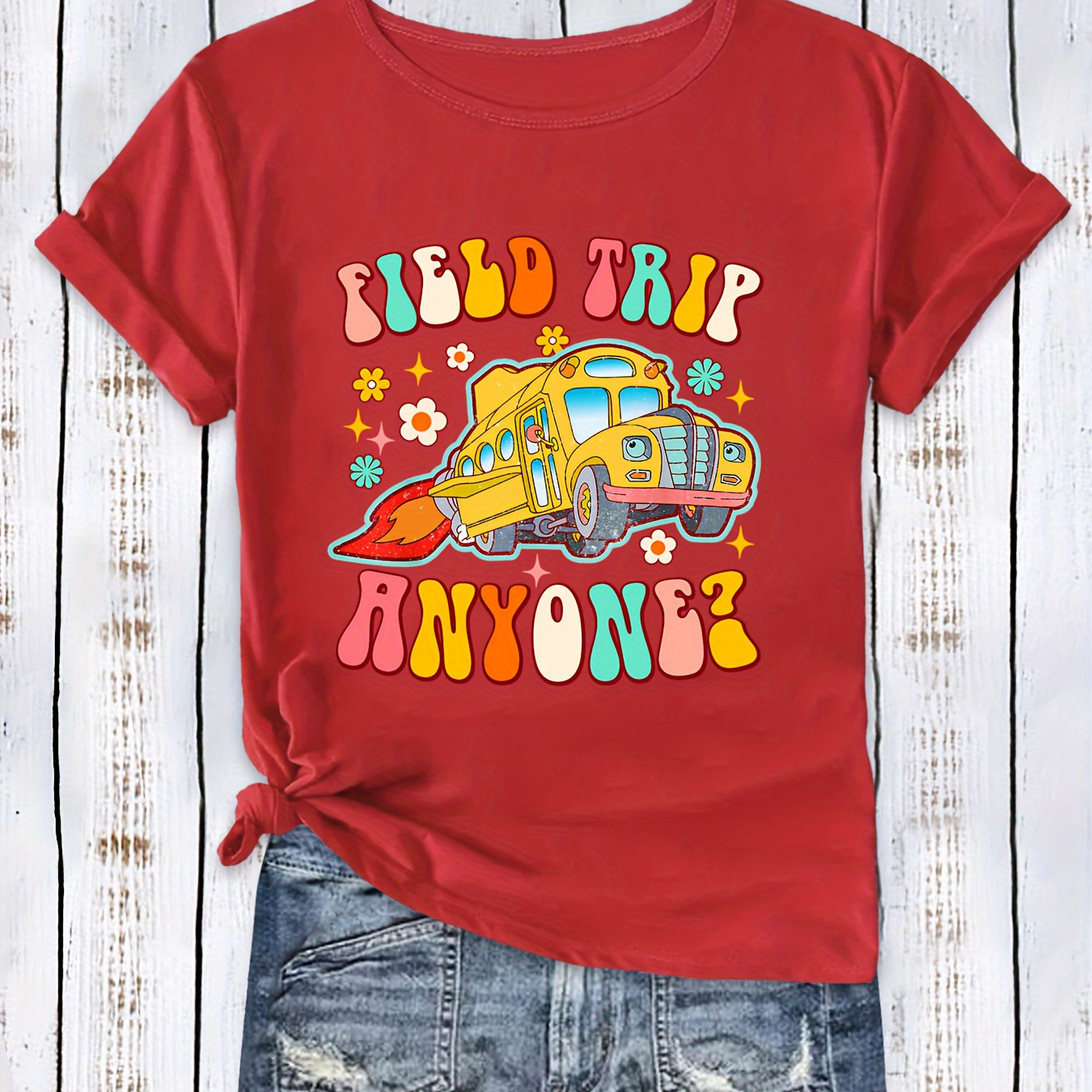 

Casual Style Red T-shirt With Field Trip Bus Print, Soft Fabric, Short Sleeve Design, School Event Tee For Outdoor Activities