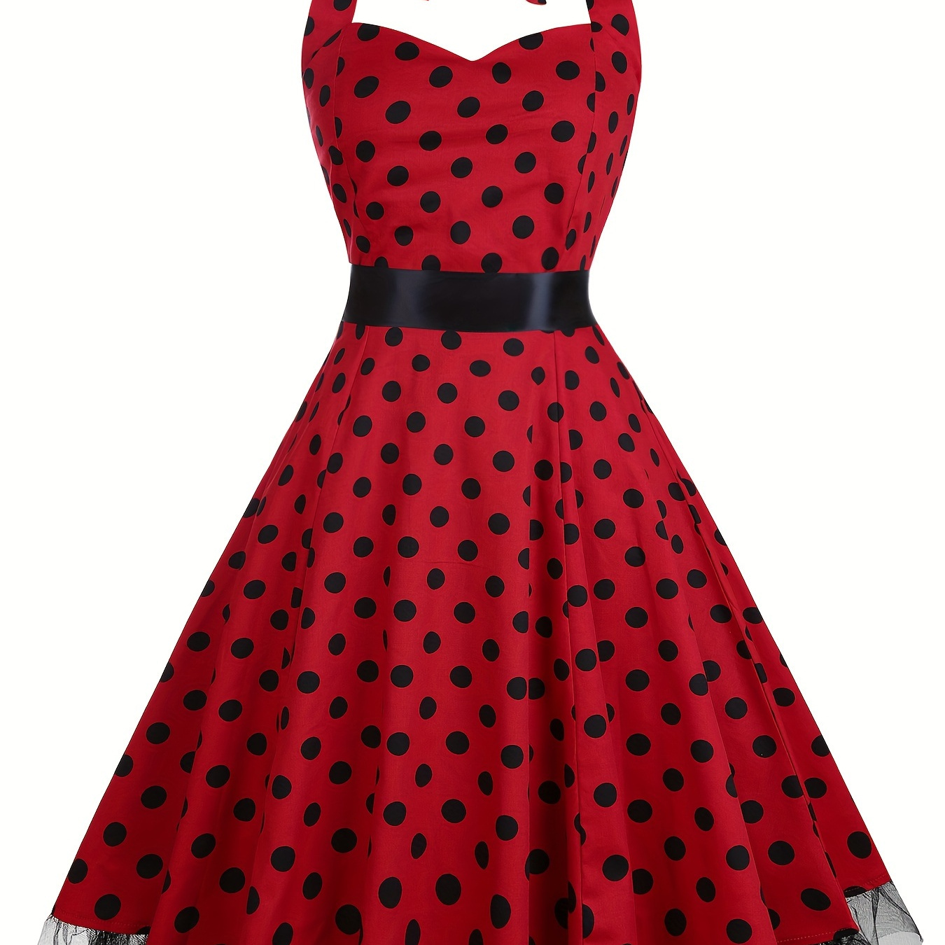 

Polka-dot Print Mesh Trim Halter Dress, Vintage Ruffle Hem Sweetheart Neck Aline Dress For Club & Party, Women's Clothing