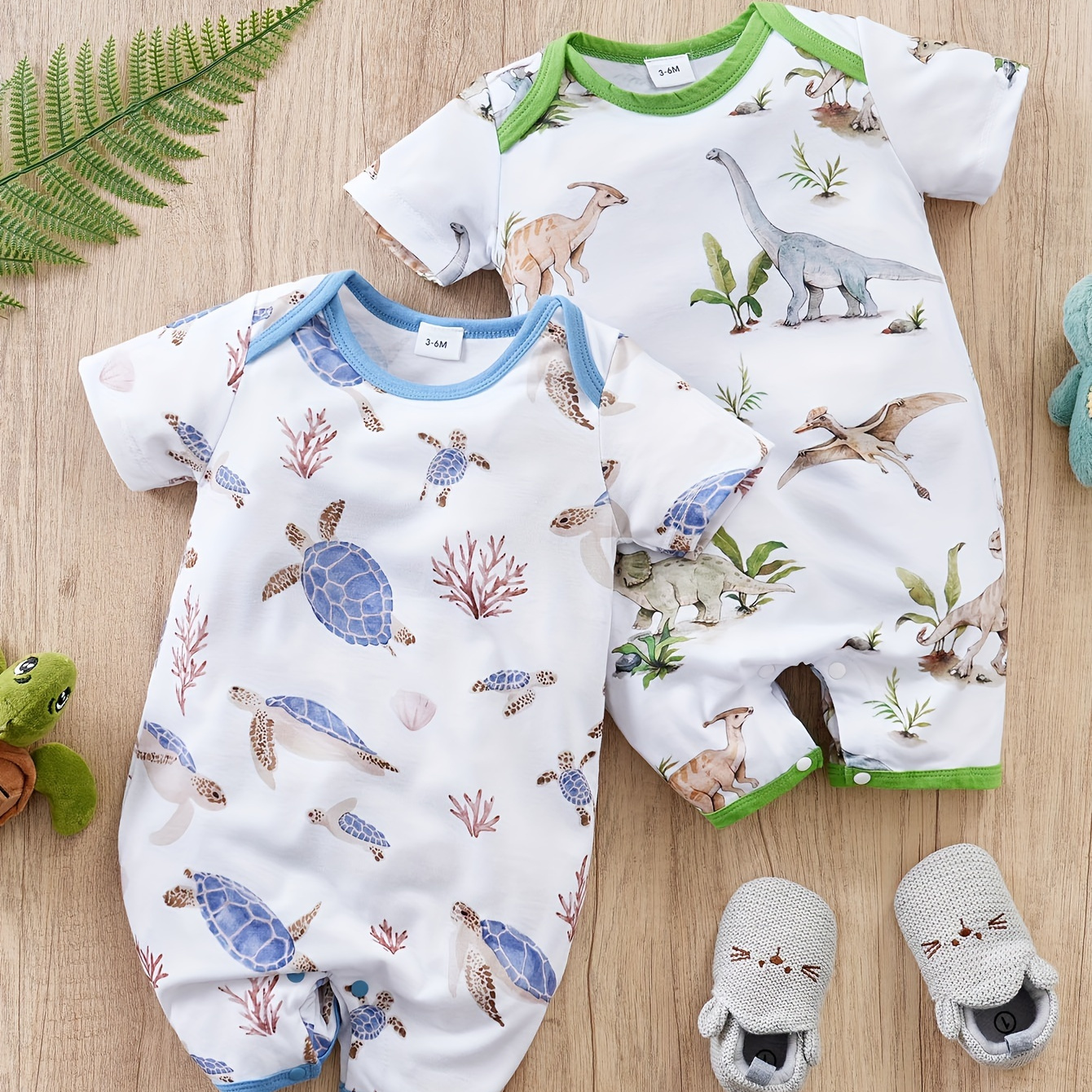 

2-pack Baby Boys Rompers With Cute Turtle & Dinosaur Prints, Summer Casual Short Sleeve Onesies, Adorable Infant Bodysuits