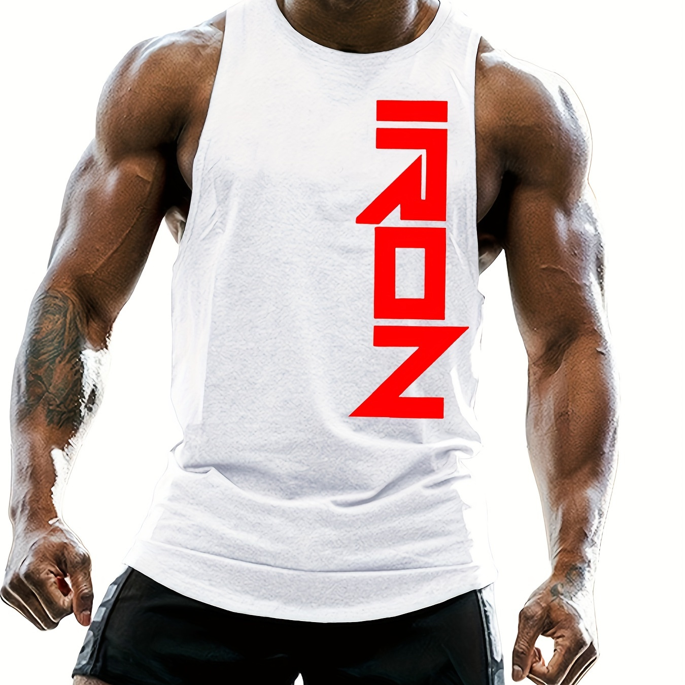 

Men's "iron" Graphic Print Tank Top For Summer, Casual Sports Sleeveless Tees With Slightly Elastic Fabric For Males, Plus Size