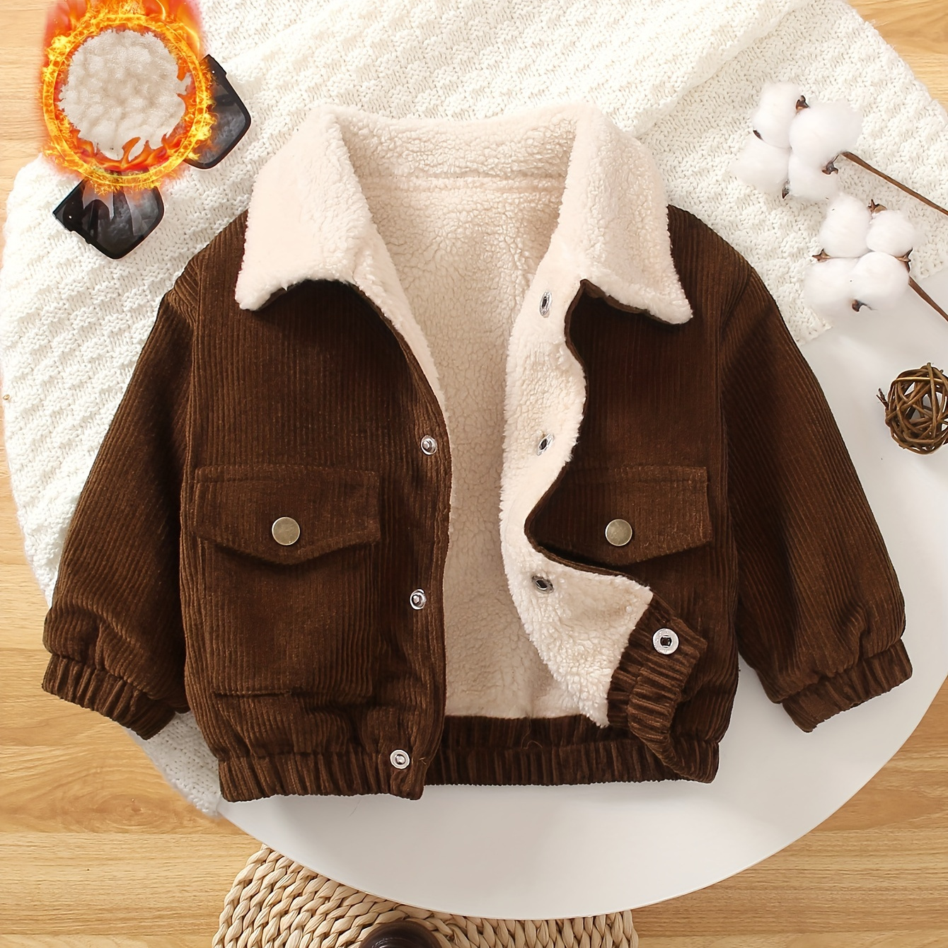 

Baby's Pockets Patched Warm Fuzzy Lining Corduroy Jacket, Button Front Turndown Collar Coat, Baby Boy's Clothing For Fall Winter Outdoor