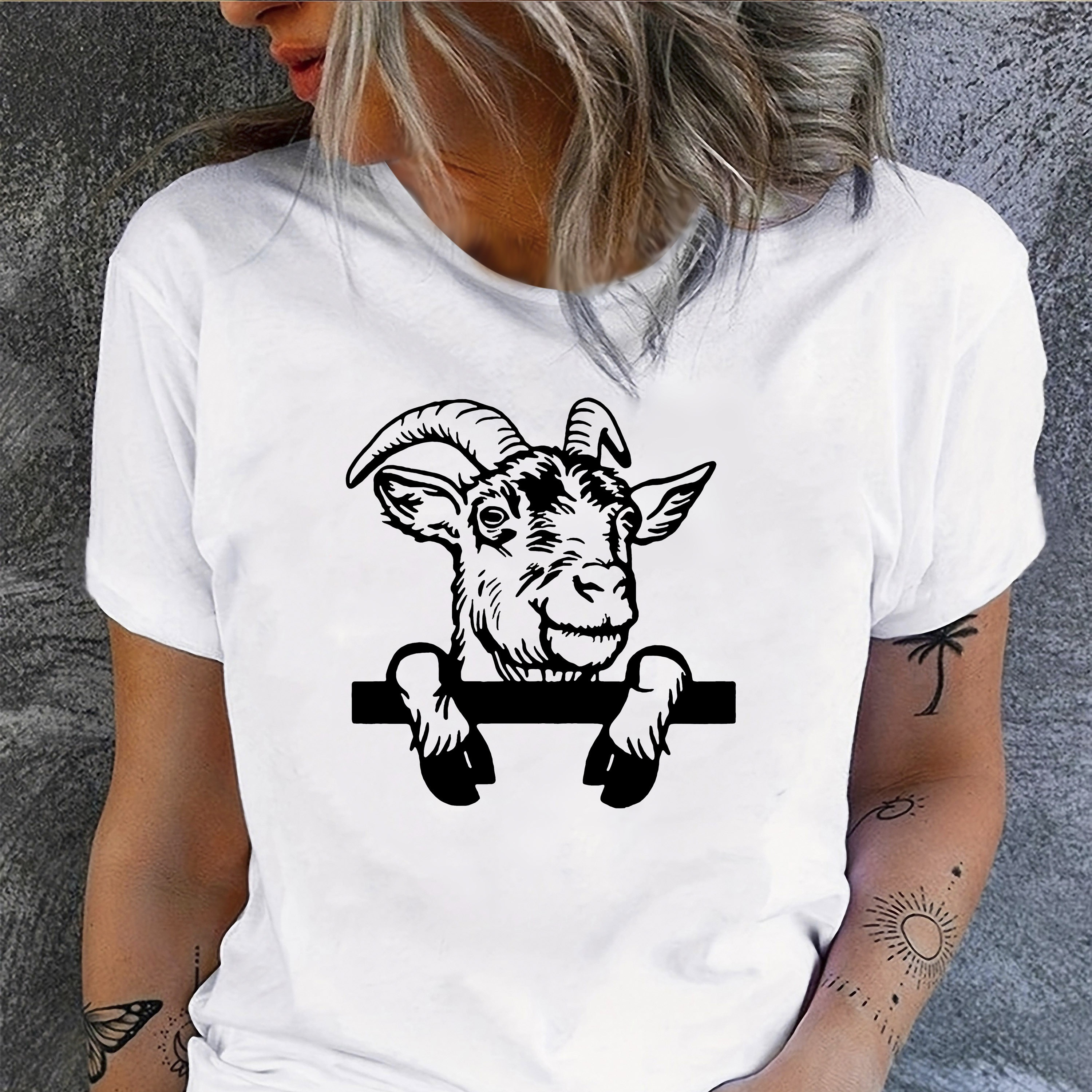 

Goat Animal Print Pattern T-shirt, Summer And Spring Short Sleeve Round Neck Casual Top, Women's Clothing