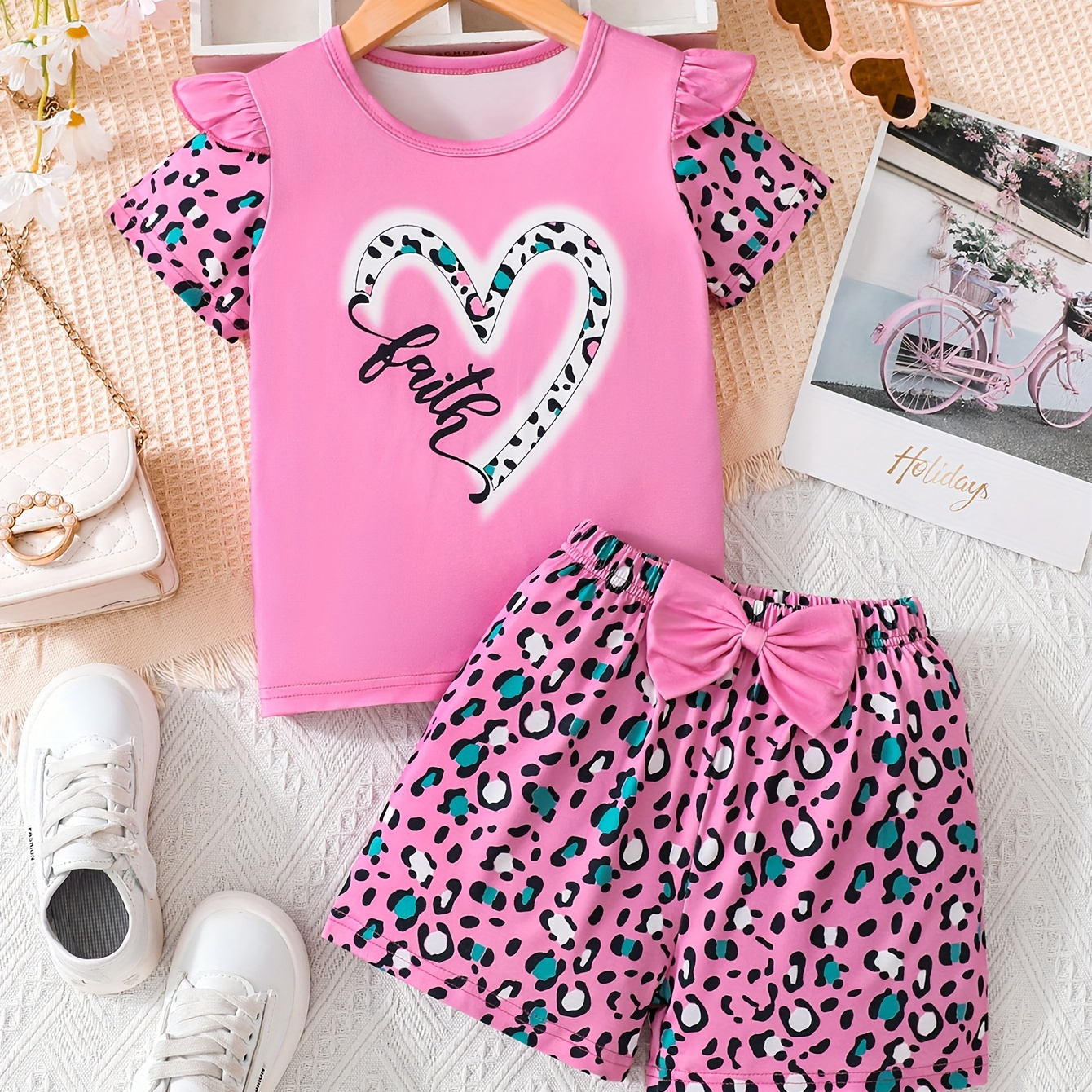 

2pcs, Faith Heart Leopard Short-sleeve Top + Bow Leopard Shorts Girl's Summer Set - Perfect For Casual Outings, Gift Idea