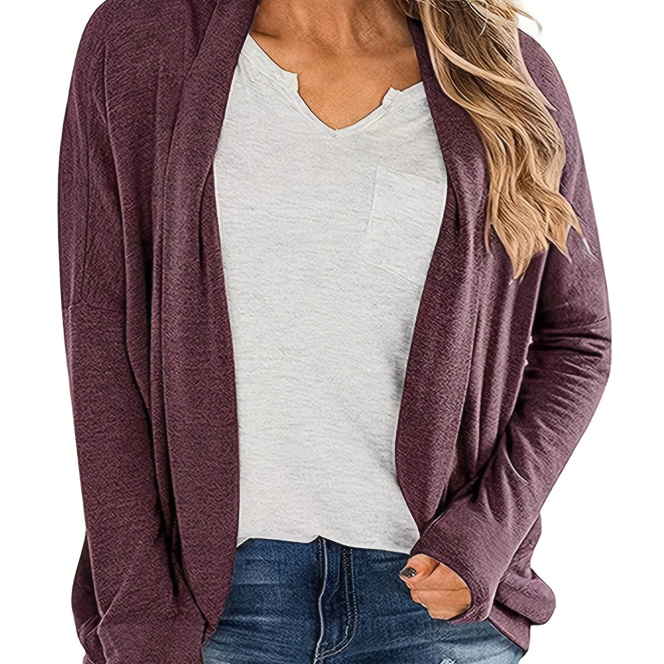 Plus Size Casual Cardigan, Women's Plus Solid Long Sleeve Open Front Slight Stretch Coat