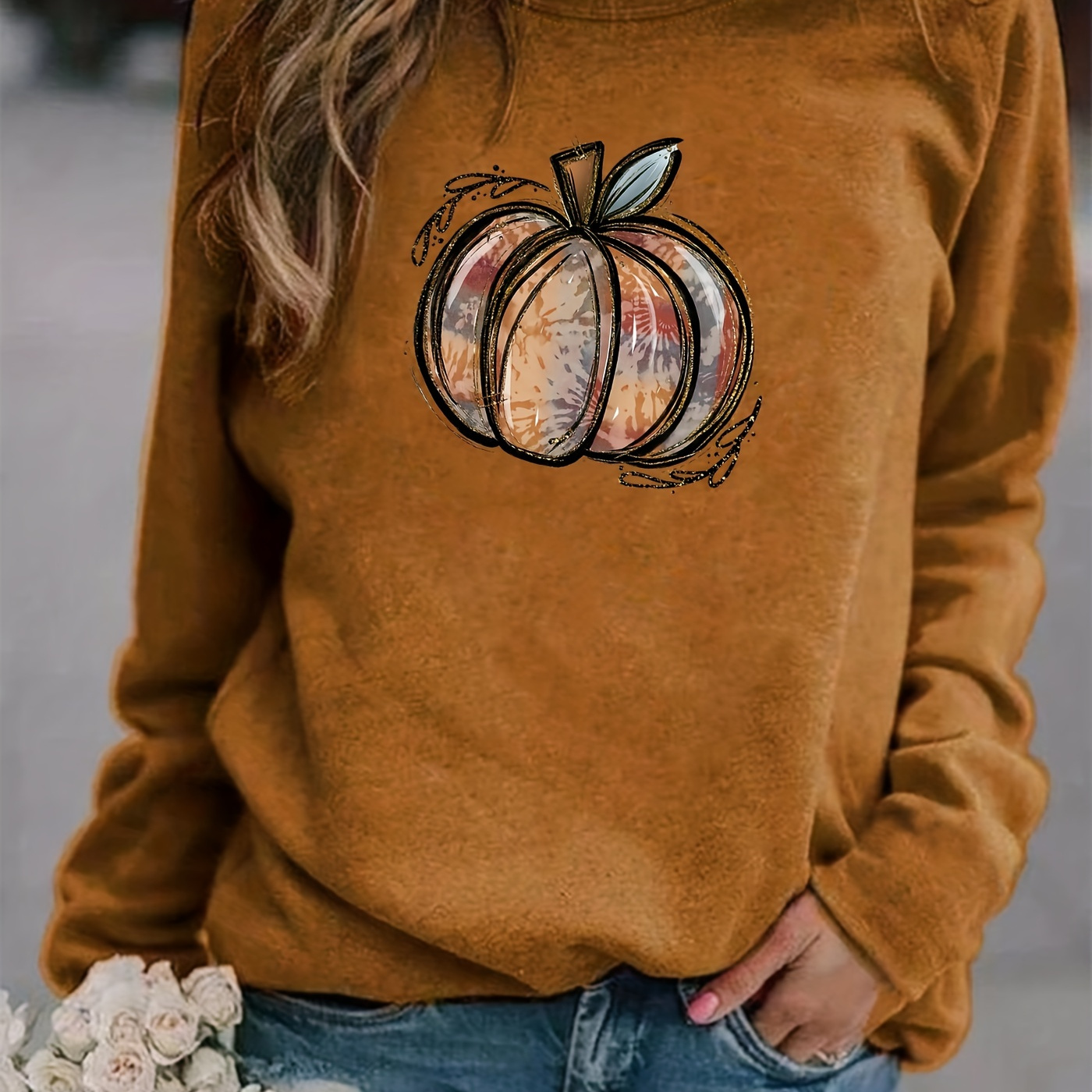 

Halloween Pumpkin Print T-shirt, Casual Long Sleeve Crew Neck T-shirt, Women's Clothing