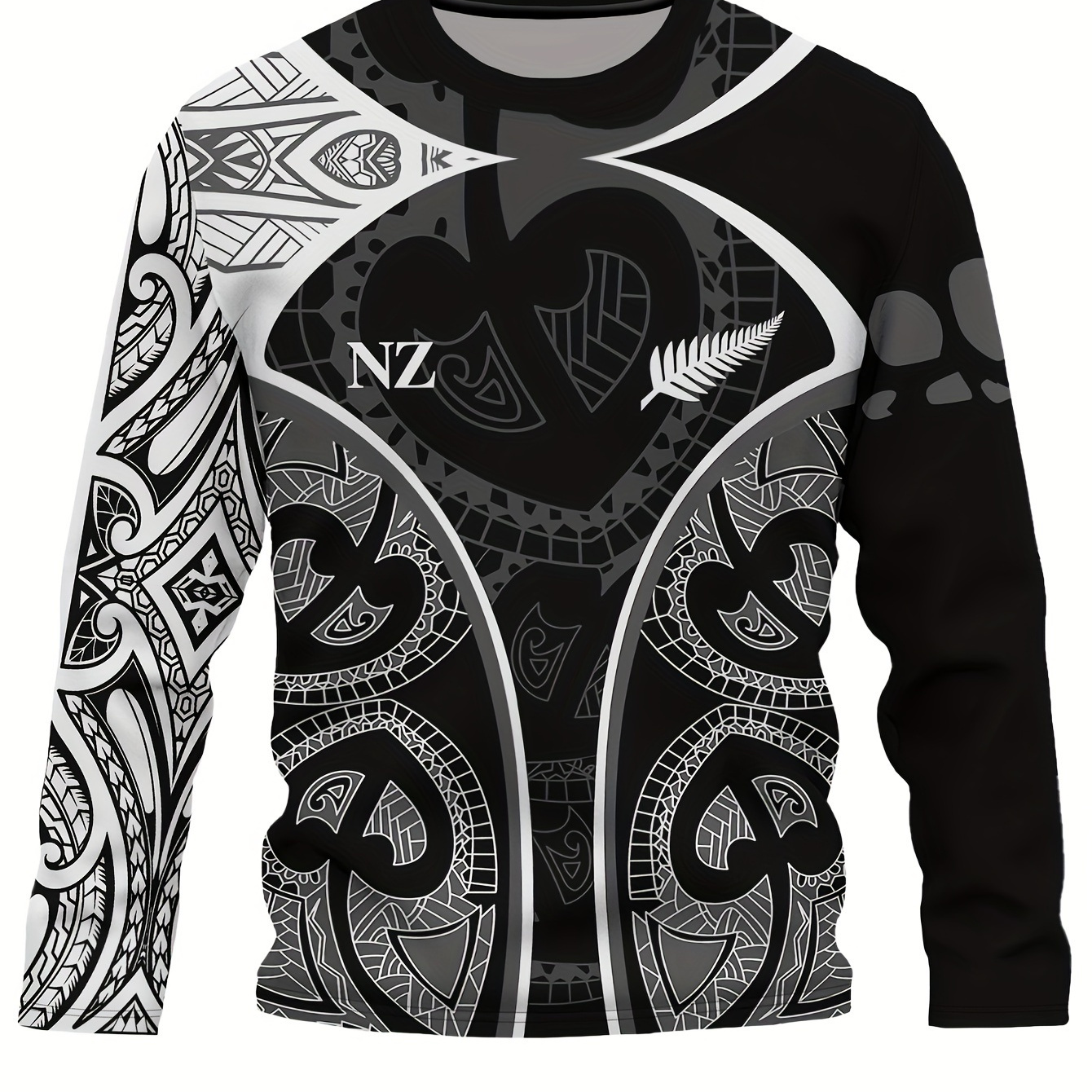 

New Zealand Tattoo Print Men's Crew Neck Long Sleeves T-shirt, Casual Comfy Sweatshirt For Spring Autumn, Men's Novelty Tops