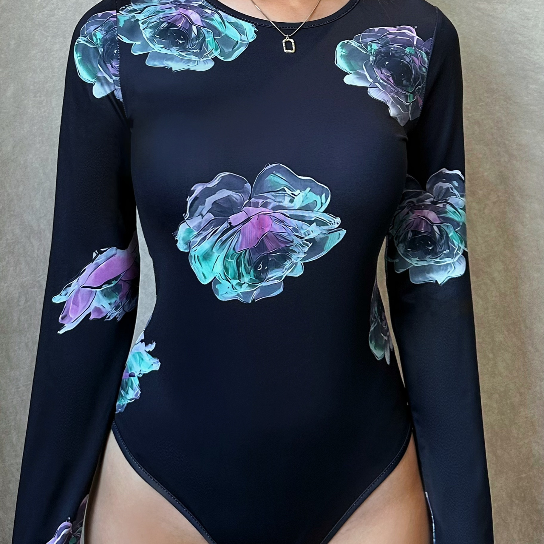 Floral Print Crew Neck Mesh Bodysuit Sexy Long Sleeve Slim - Temu
