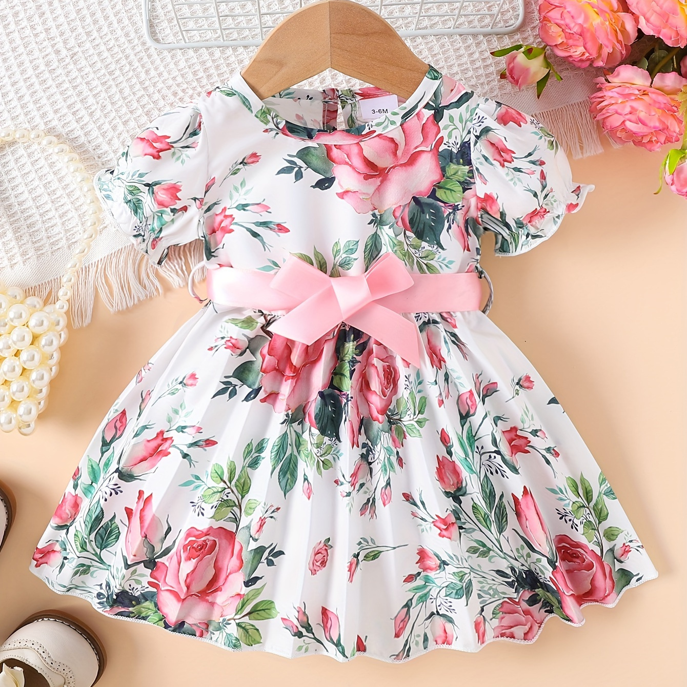 

Toddler Baby Girl Dress Costume Dress, Summer Lantern Sleeve Pleated Skirt Swing Baby Dress With Bow Belt, Full Print Floral Dress Simple Breathable Comfortable Cute Baby Girls Clothing