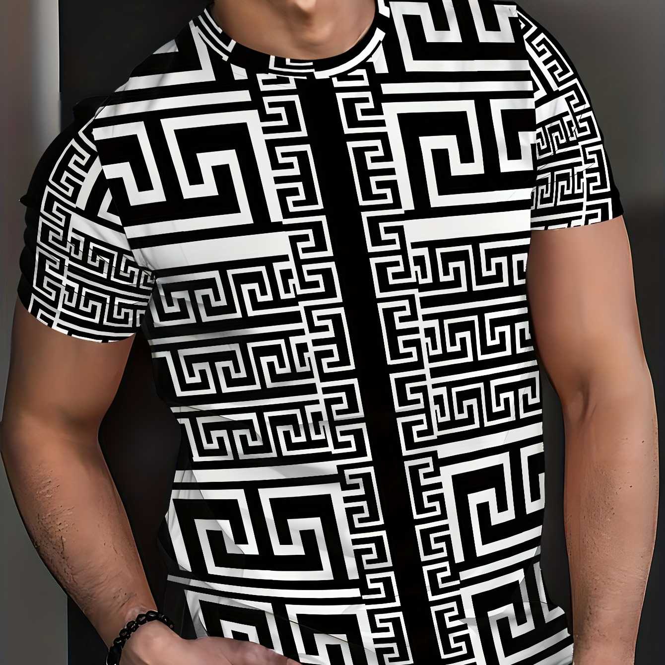 

Men's Geometric T-shirt, Short Sleeve Crew Neck Tee, Men's Clothing For Summer Outdoor