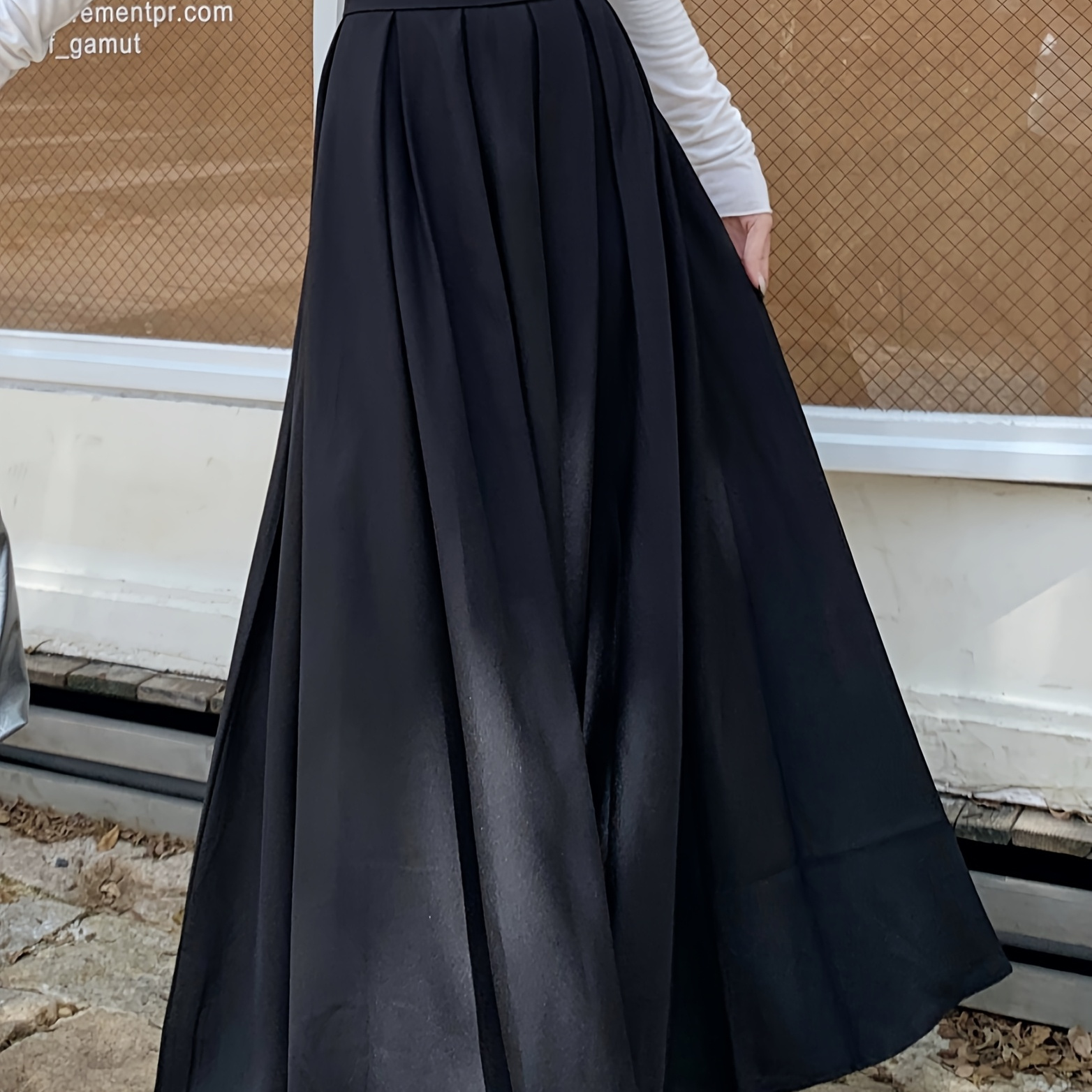 

1pc Jupe maxi plissée taille haute de style français élégant, polyester de couleur unie, pantalons tissés toutes , noir