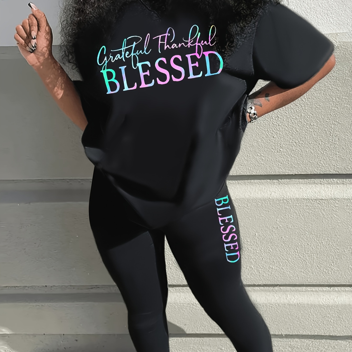 

Letter Print 2 Piece Set, Short Sleeve T-shirt & Leggings, Women's Clothing