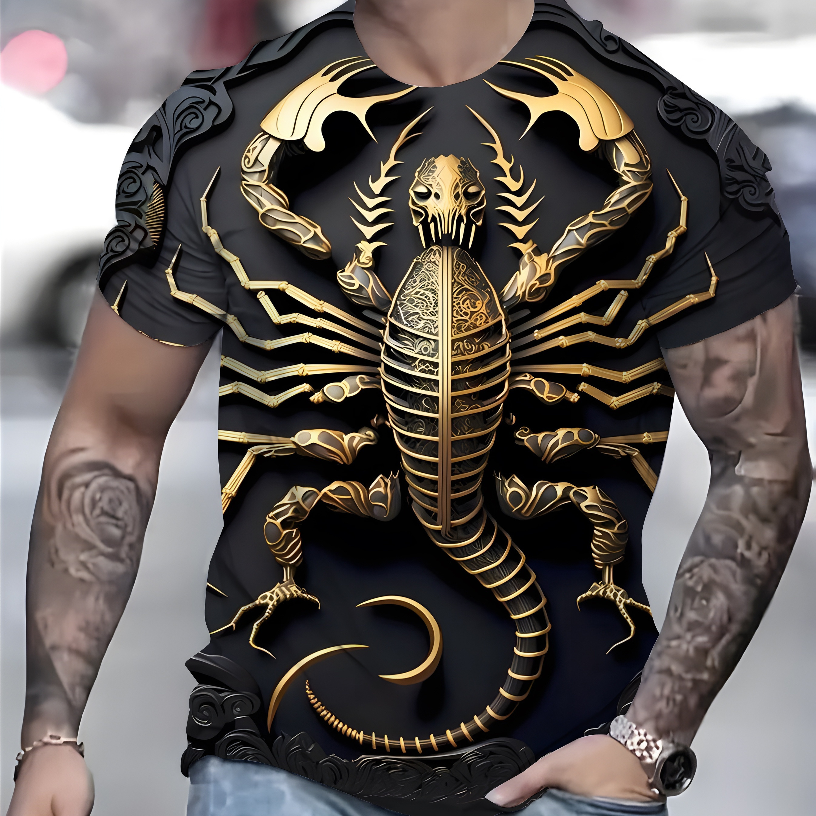 

Novelty Gold Spider Pattern 3d Printed Crew Neck Short Sleeve T-shirt For Men, Casual Summer T-shirt For Daily Wear And Vacation Resorts