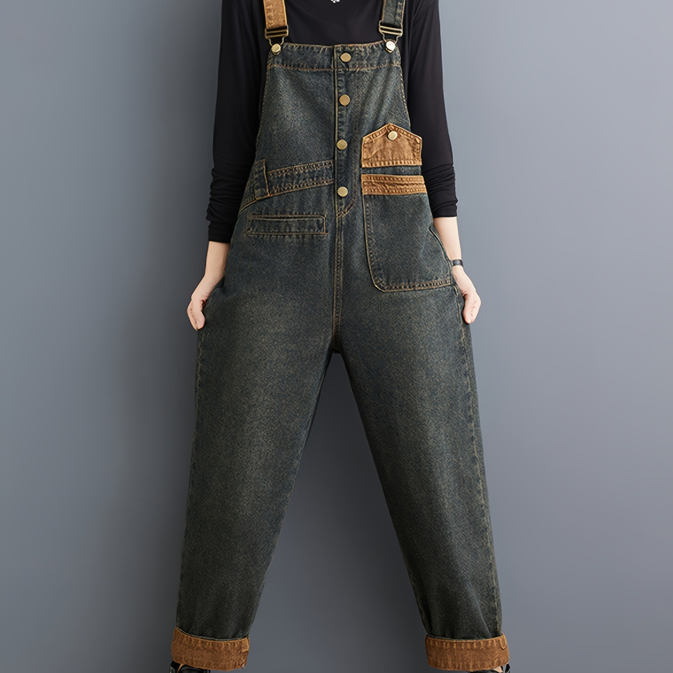 

Women's Denim Overalls 2024 Fall Fashion Casual Shoulder Strap Pants, Long Sleeveless Waistless Solid Color, Loose Fit, Unisex, All , Woven