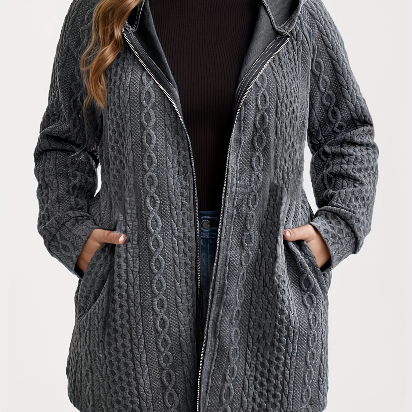 

Plus Size Solid Textured Full Zipper Coat, Casual Pocket Long Sleeve Hooded Coat For Fall & Winter, Women's Plus Size Clothing