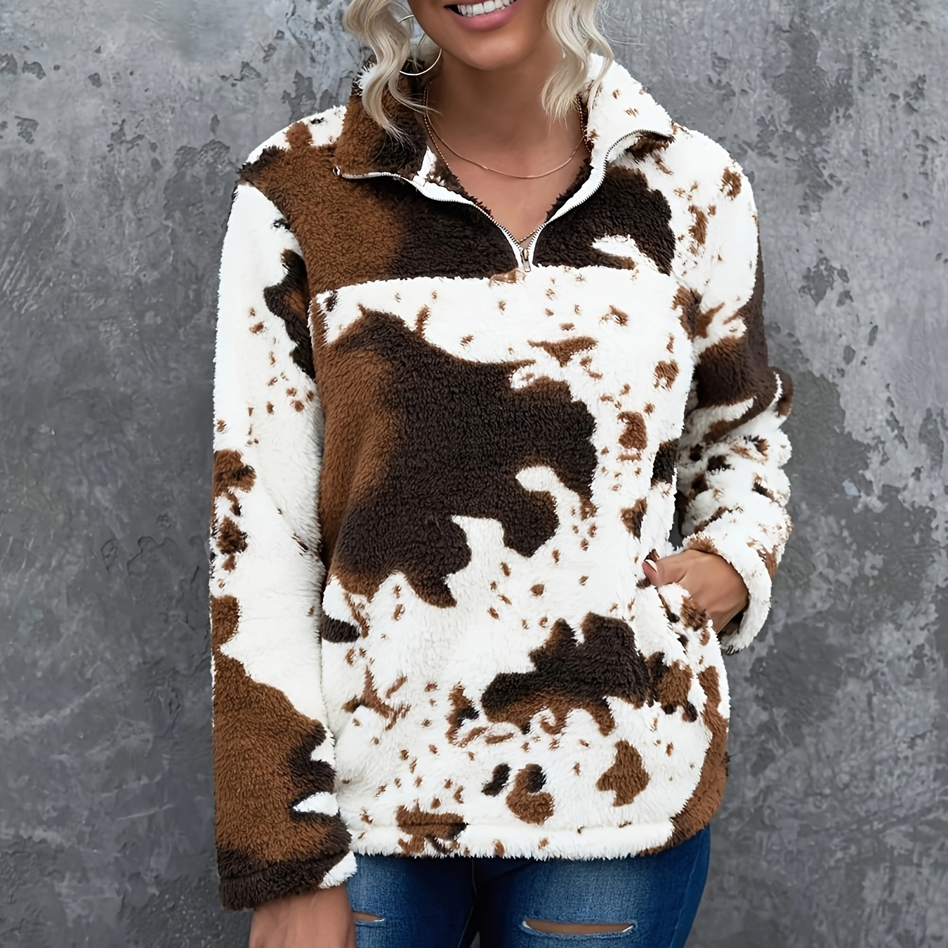 

Warm Pullover Sweatshirt, Casual Pocket Long Sleeve Zipper Sweatshirt For Winter & Fall, Women's Clothing