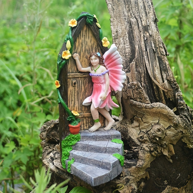 

1pc Fairy Door Resin Statue, Garden Decorative Elf Open The Door Statue, For Garden Outdoor Yard Tree Miniature Decoration