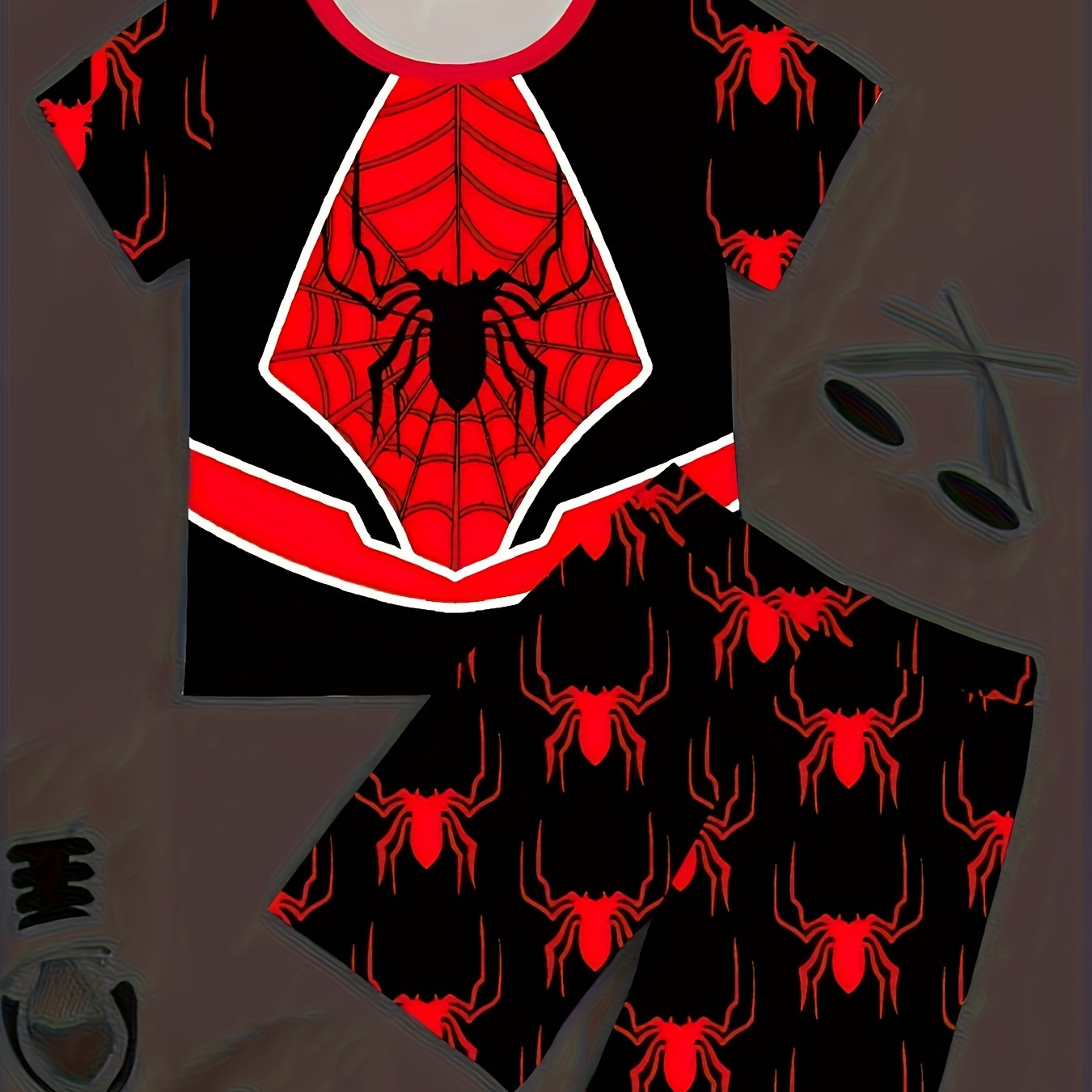 

2pcs Boys Loungewear Set Fashion Spider Pattern Short-sleeved Pullover Top + Shorts Pajamas Set For Children
