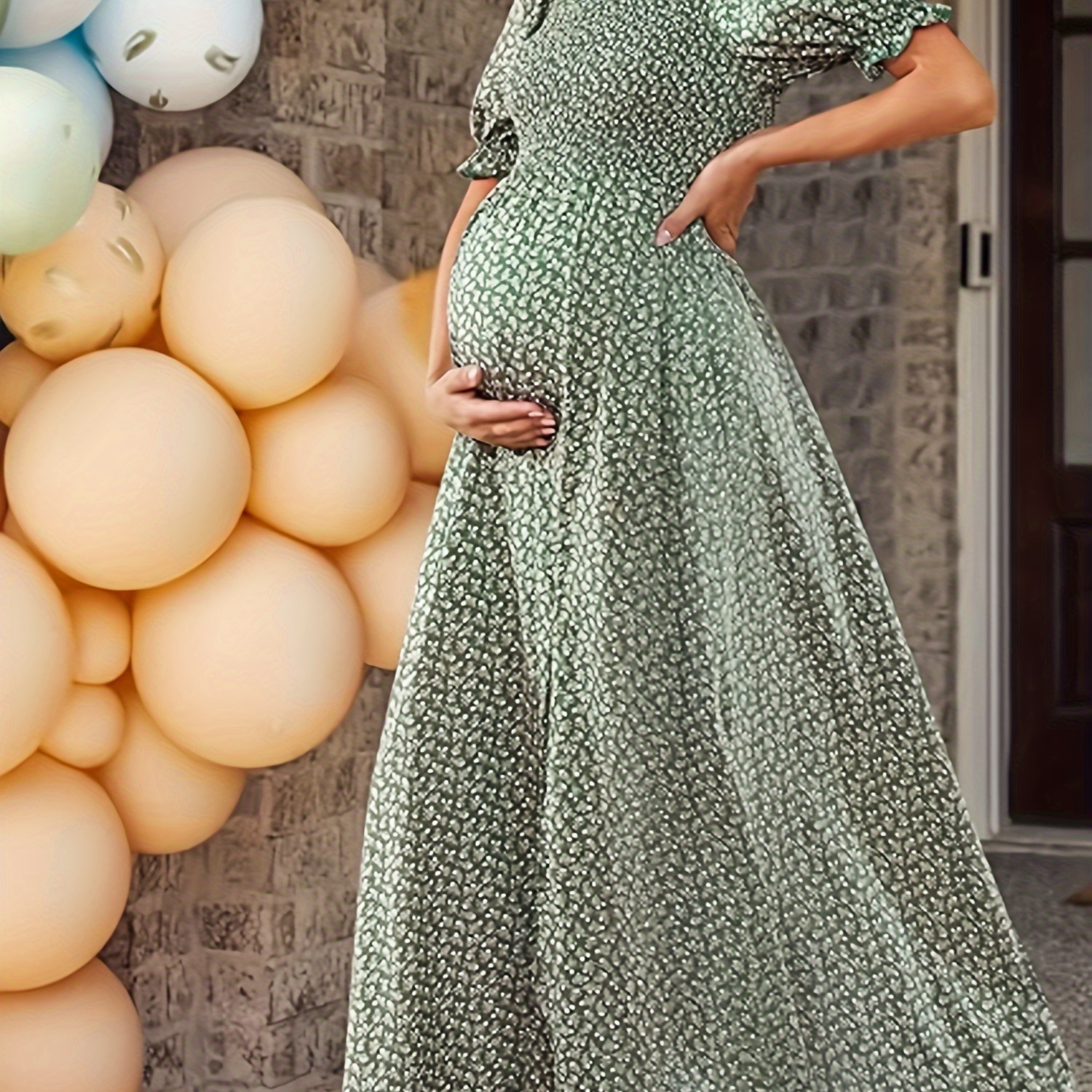 

Women's Maternity Flowers Print Puff Dress, Trendy Elegant Maxi Dress For Pregnant Women