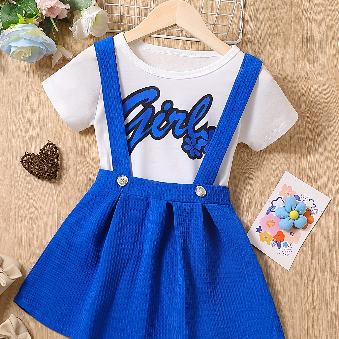 2pcs Girls Slogan Graphic Short Sleeve T-shirt & Trendy Suspender Skirt Kids Summer Clothes