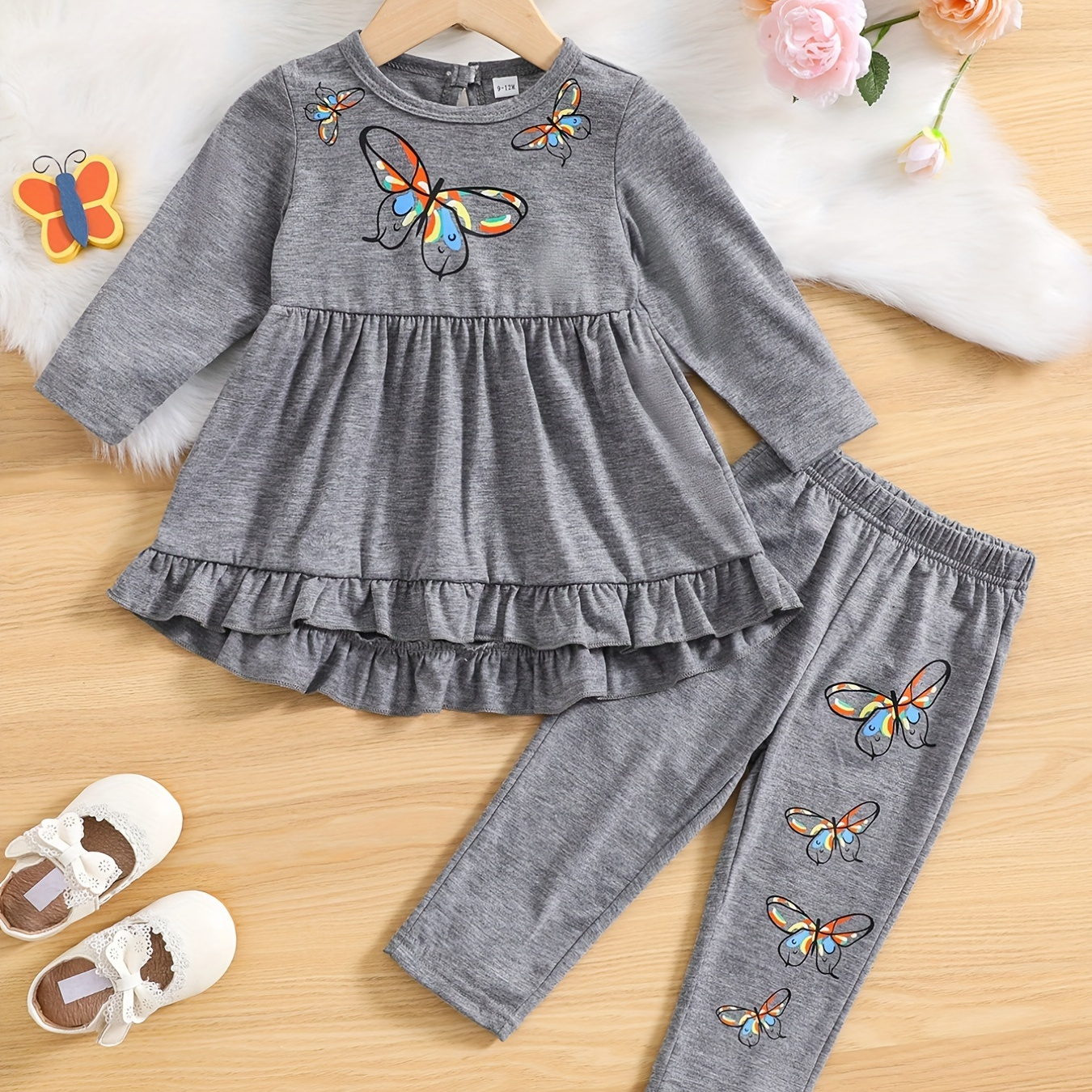 

Baby Girls Long Sleeve Ruffle Hem Dress Top Pants With Butterfly Print Set For Spring And Autumn