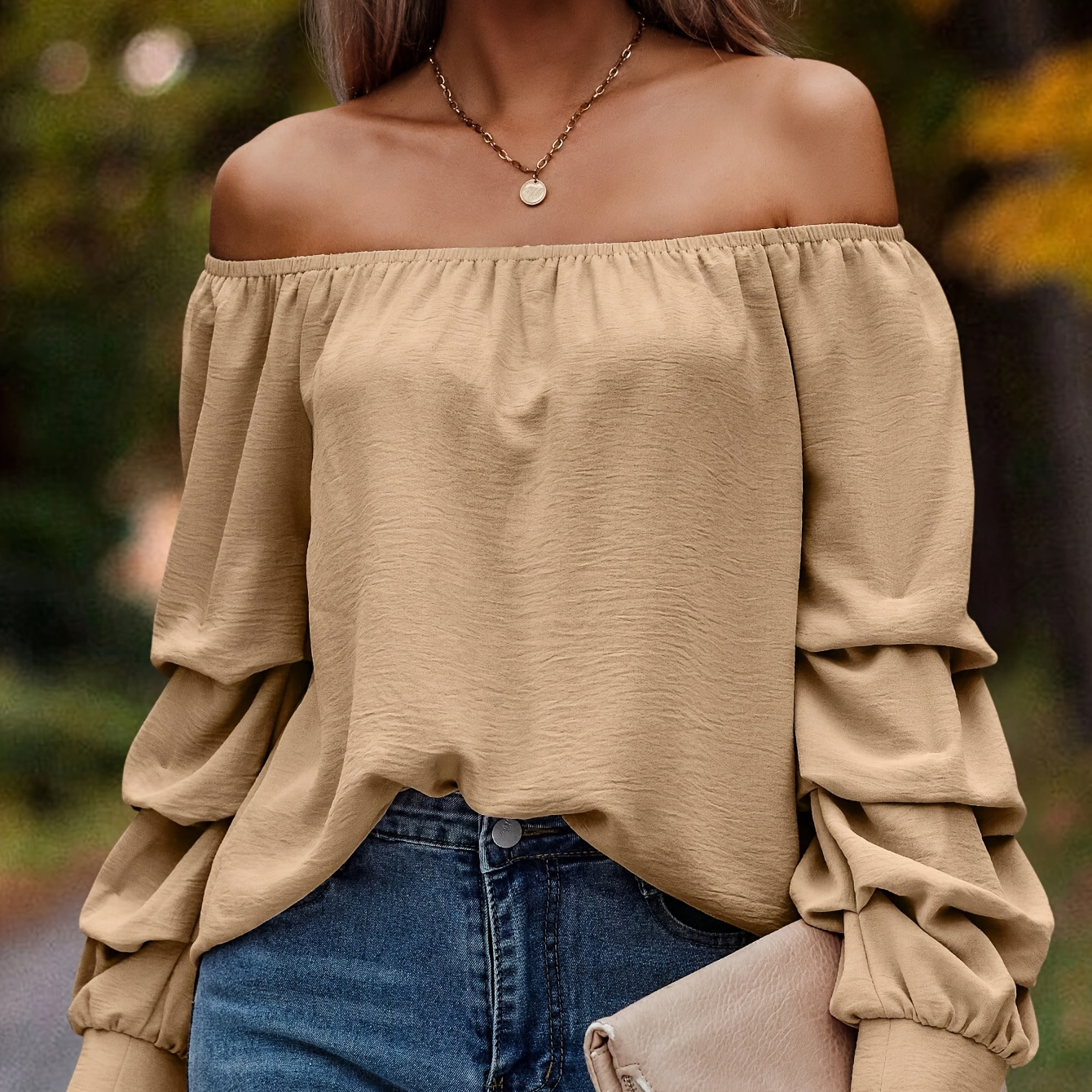 

Off Shoulder Layered Sleeve Blouse, Elegant Solid Blouse For Spring & Fall, Women's Clothing
