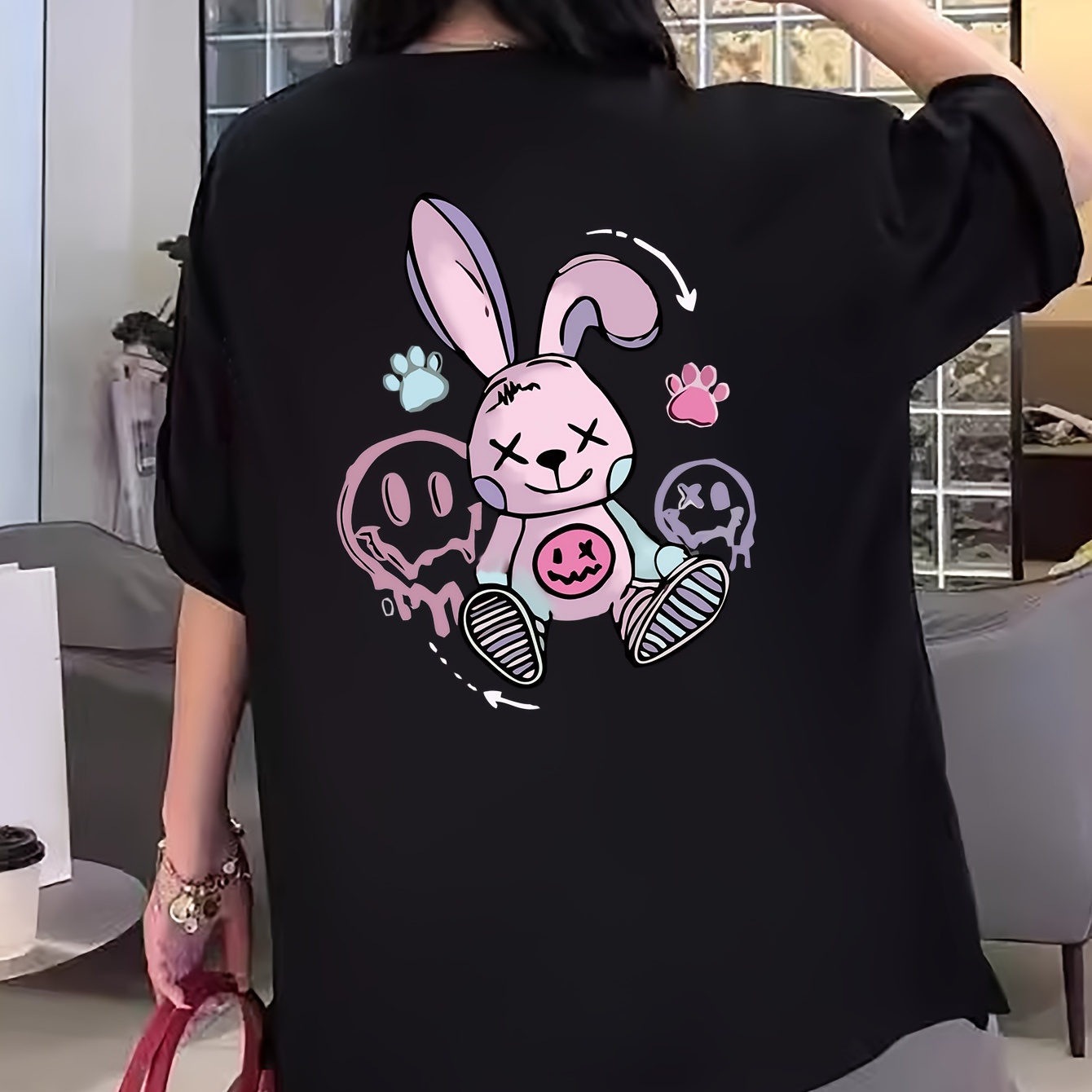 

Rabbit Print Crew Neck T-shirt, Casual Short Sleeve Top For Spring & Summer, Women's Clothing