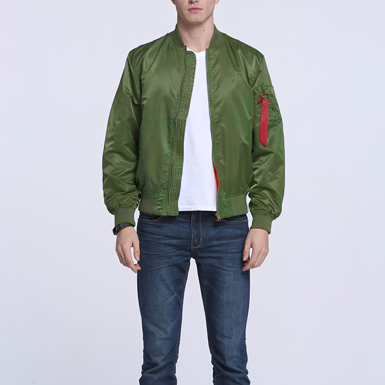 

1pc Men's Lightweight Polyester Varsity Jacket - Casual Windbreaker With Zipper, V-neck, Non-stretch Solid Color, Woven, Waterproof Military Outerwear For Spring/fall, , Long Sleeve