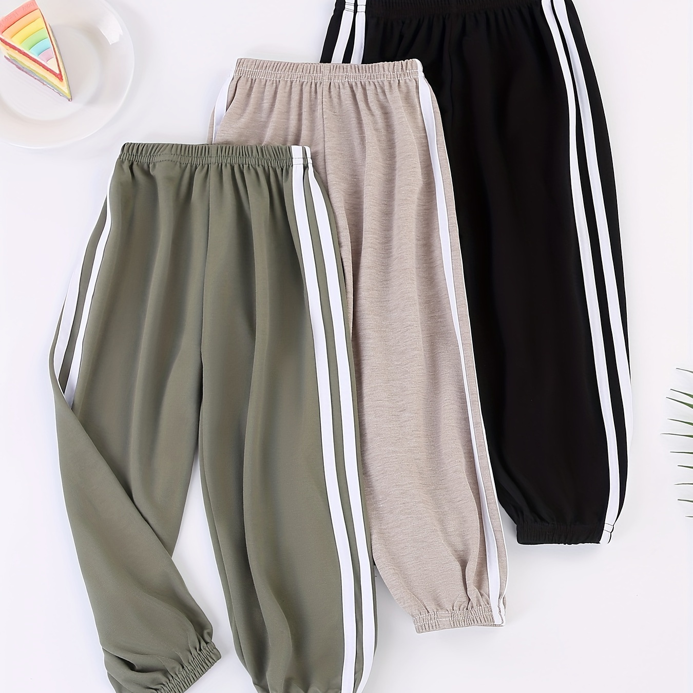 

3pcs Boy's Trendy Striped Sweatpants, Elastic Waist Loose Comfy Sports Pants For Summer Outdoor