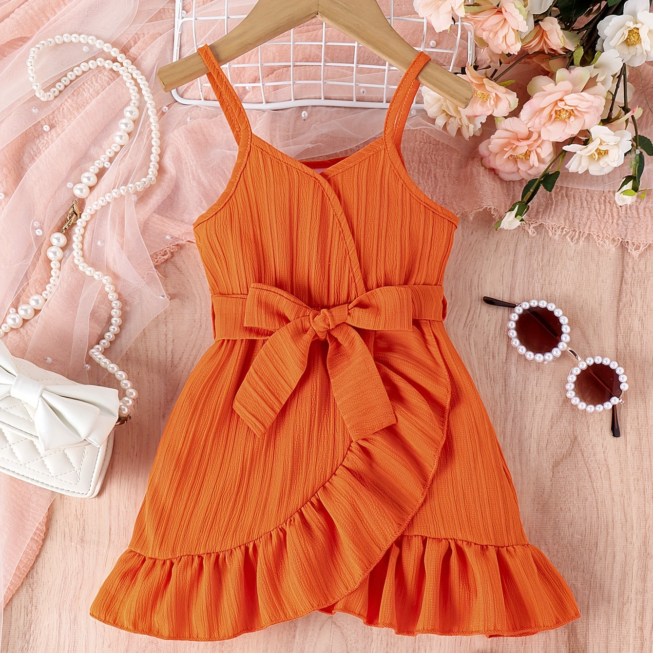 

Girls Ruffle Edge Slip Dress Textured Sleeveless Dress For Casual Vacation