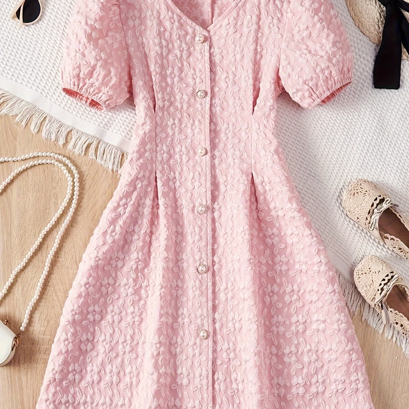 

Girls Stylish & Casual Solid Colored Puff Sleeve Button Up Textured Dress For Spring & Summer