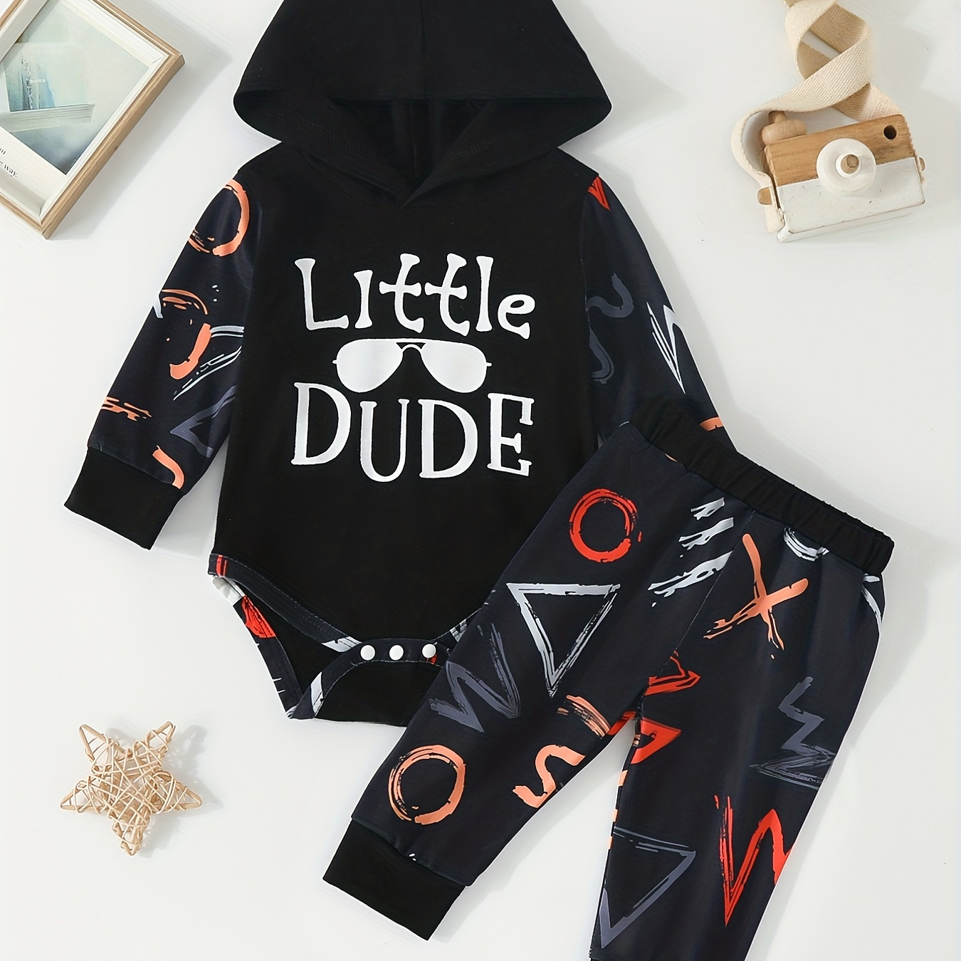 

Baby Boys And Girls Letter Print Long Sleeve Hoodie Onesie & Trendy Letter Print Harem Trousers + Hat Set, 0-18 Months Toddlers Spring Autumn 3pcs Outfits