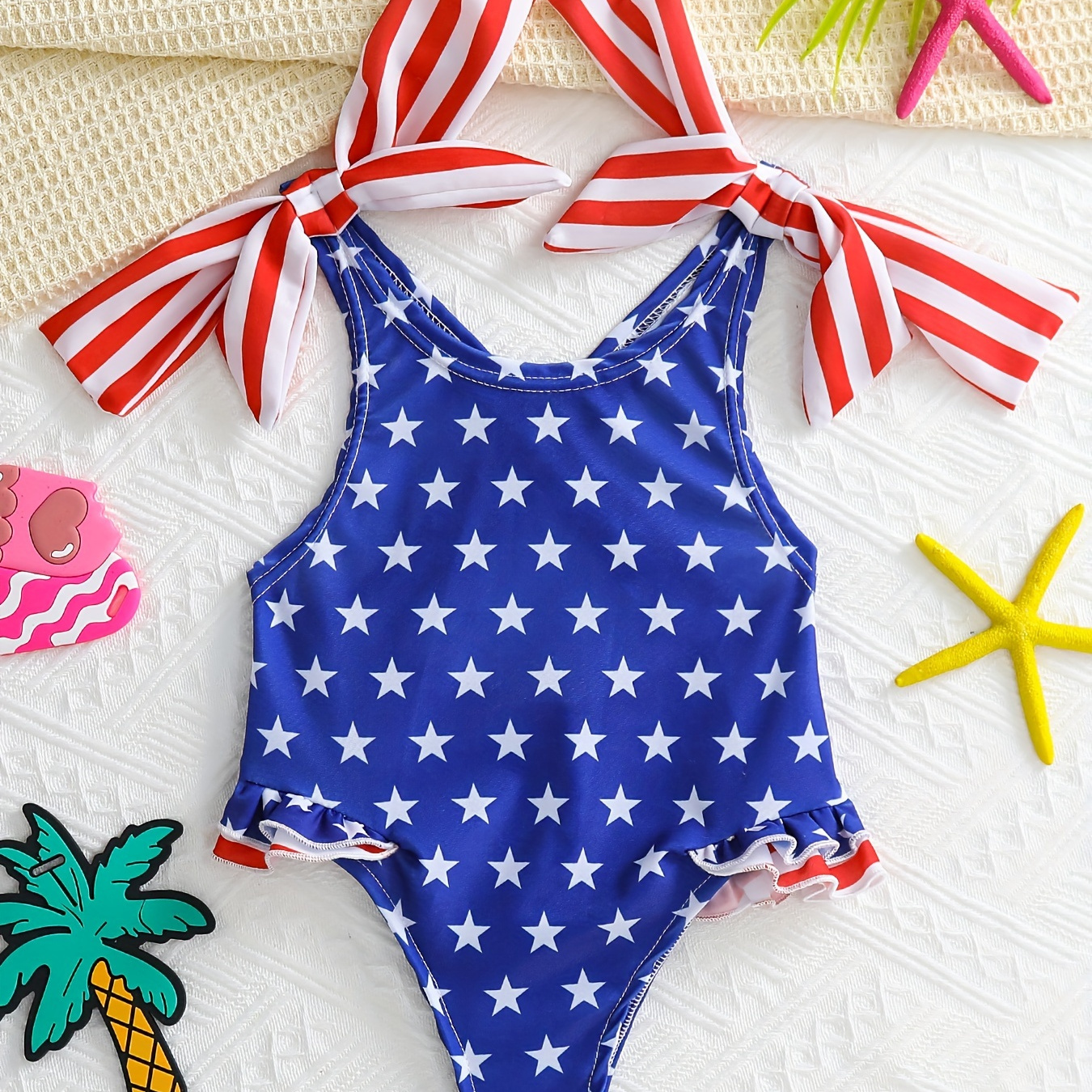 

Toddler's Pentagram Pattern Sleeveless One-piece Swimsuit, Trendy Criss-cross Design Stretchy Bathing Suit, Baby Girl's Swimwear For Summer Beach Holiday Independence Day