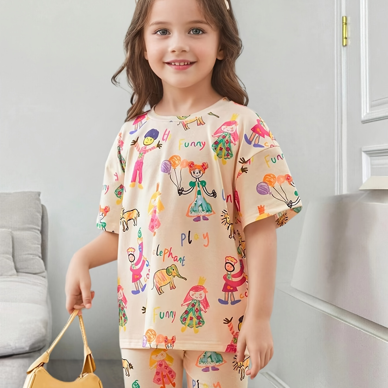 

Childlike Cartoon 2 Pcs Short Sleeve T-shirt + Shorts Girl's Set, Casual Going Out Summer Clothes, Gift