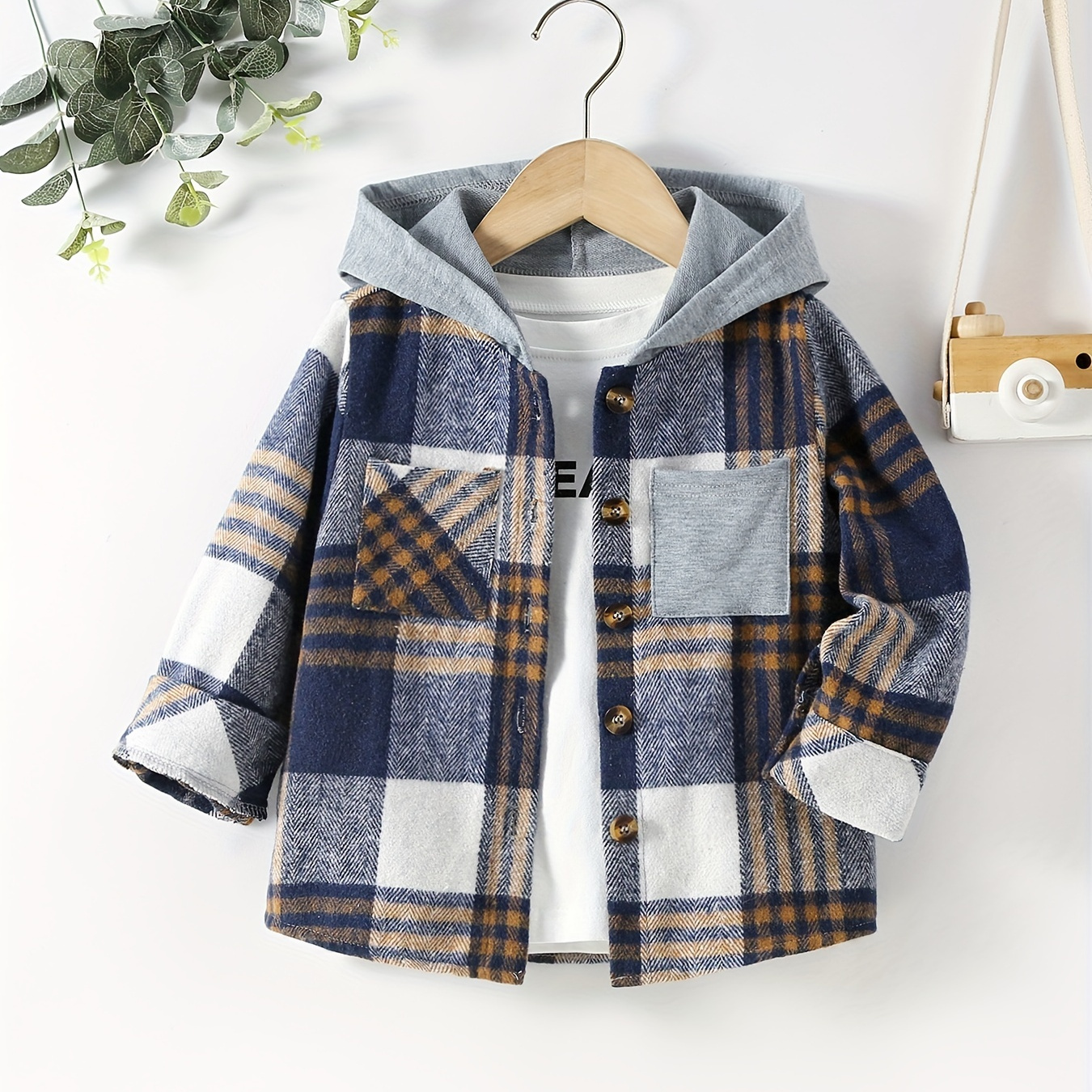 Kids Boys Plaid Shirts Long Sleeve Button Down Hooded Tops Spring Fall Outwear Shirts Jacket Clothes