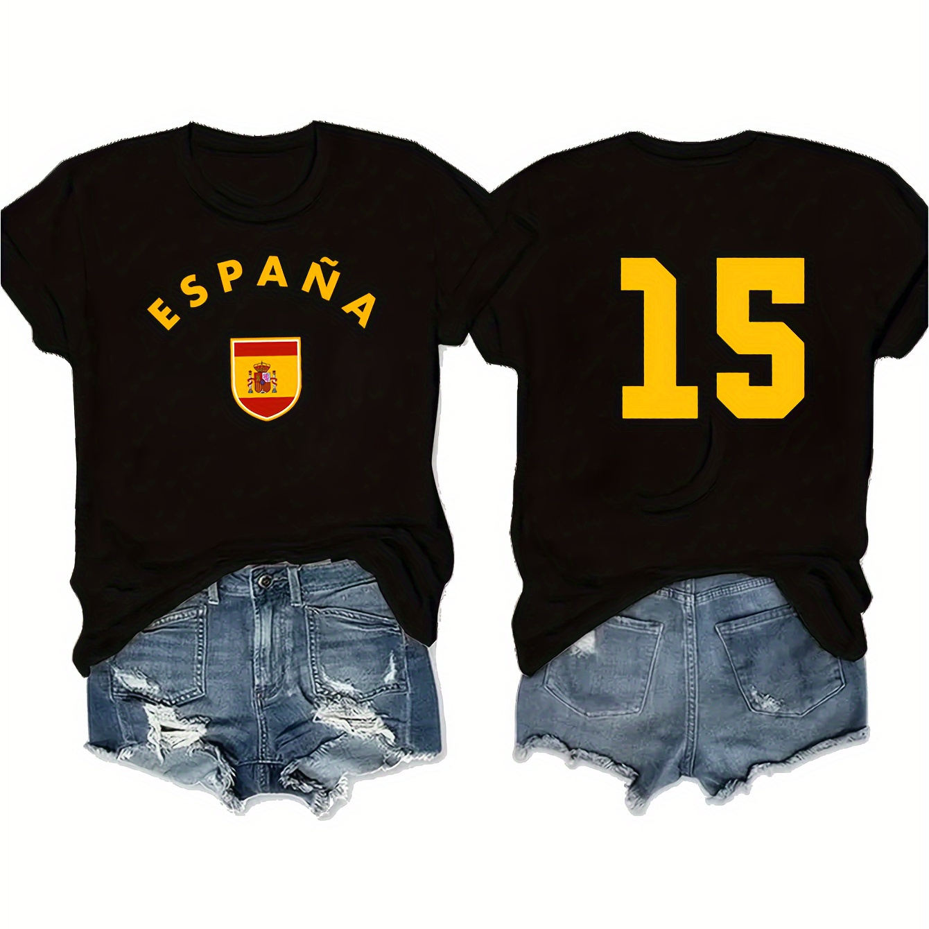 

Spain Soccer Number 15 Print Casual T-shirt, Crew Neck Short Sleeves Comfy Tops, Women's Activewear