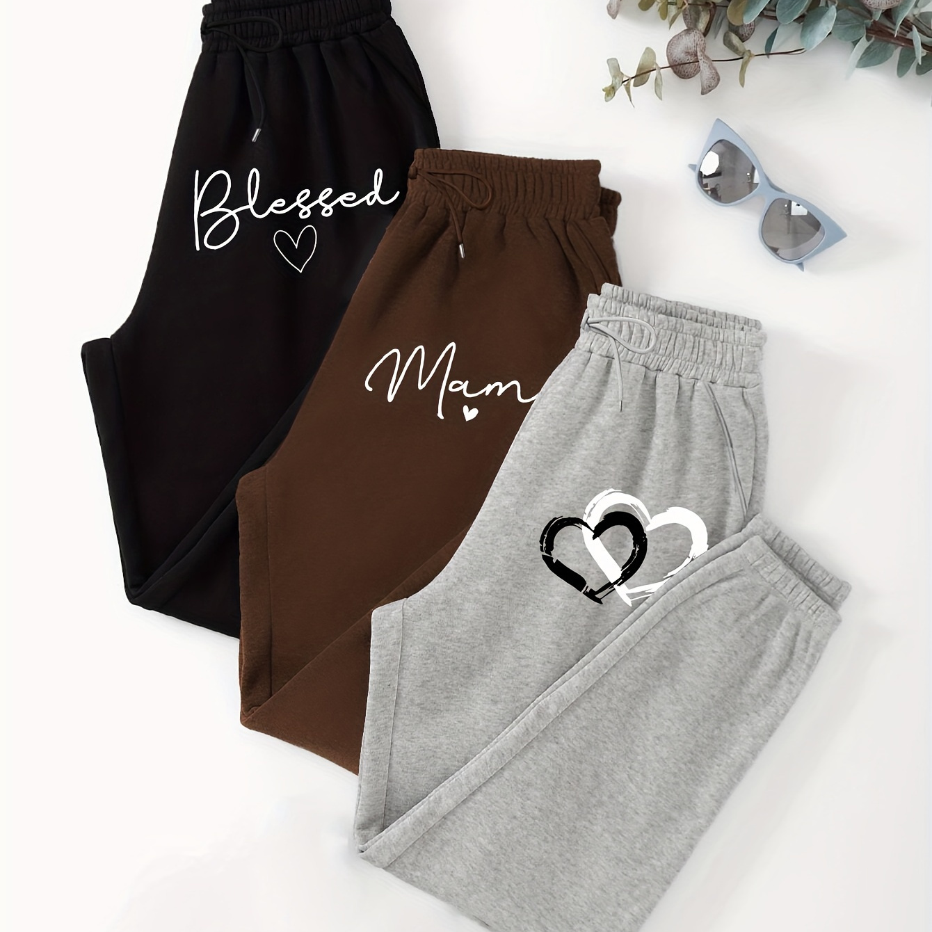 

3pcs Fashion Personalized Heart & Letter Print Sweatpants, Drawstring Elastic Waist Casual Sports Running Pants, Women's Athleisure