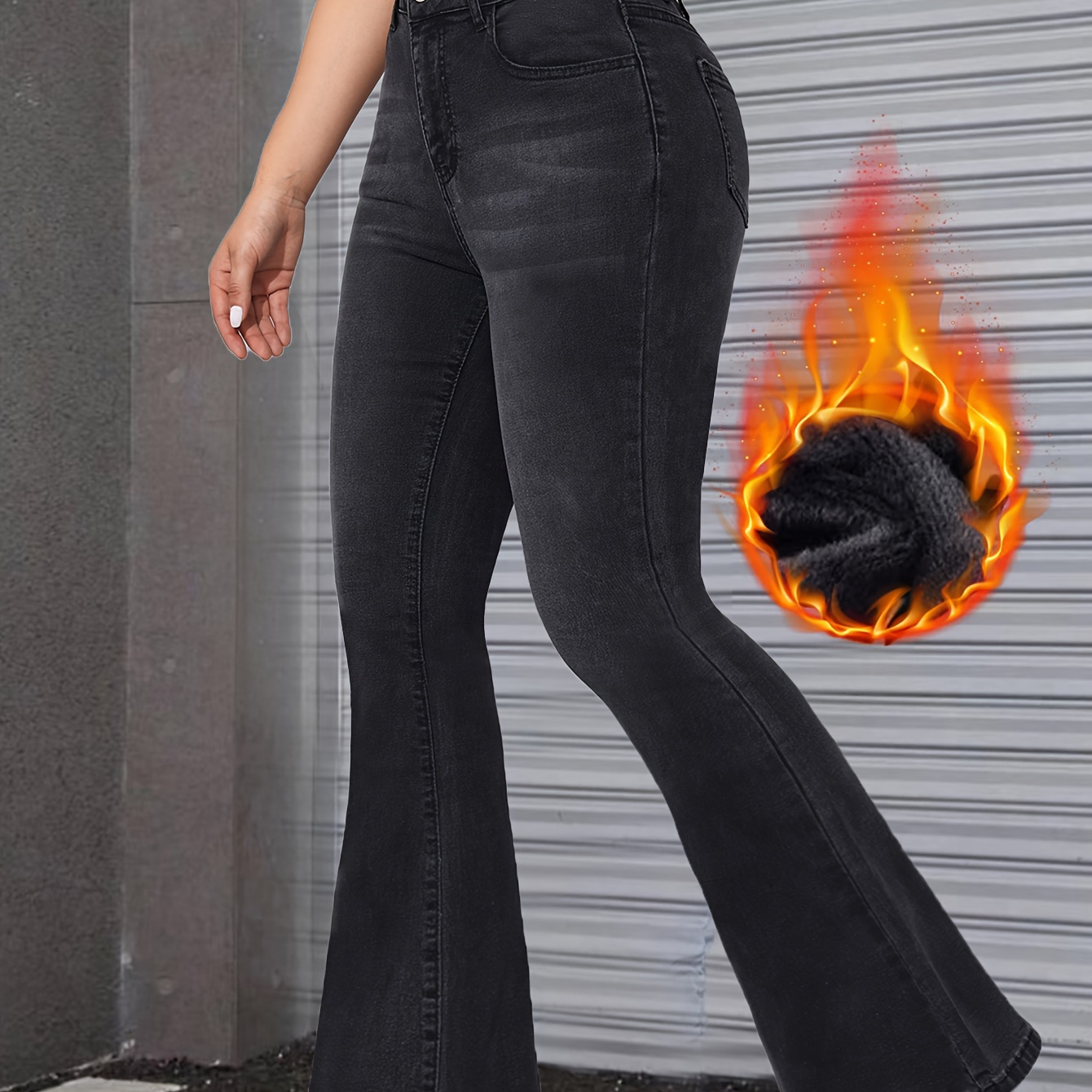 

Flare Leg Plain Black Color Plush Lined Bell Bottom Jeans For Winter, Women's Denim Jeans & Clothing