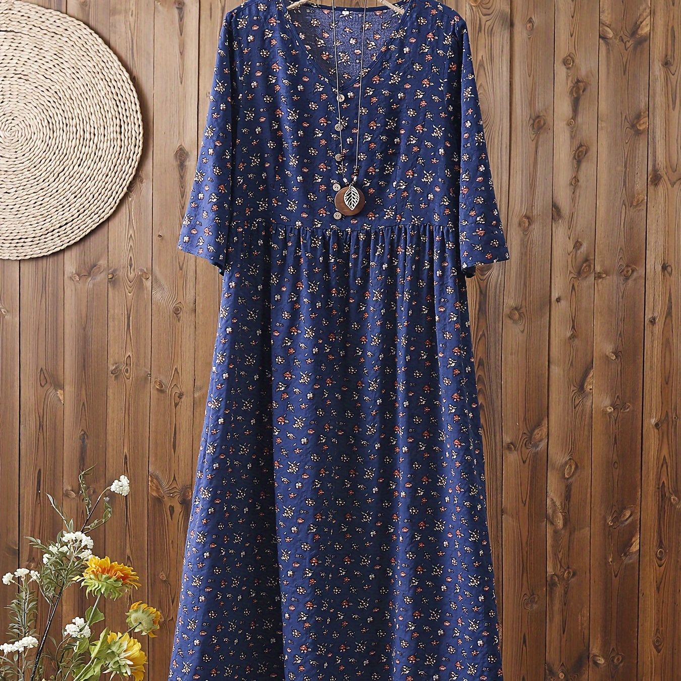 

Ramadan Floral Print V Neck Dress, Casual Smocked Dress For Spring & Fall, Women's Clothing