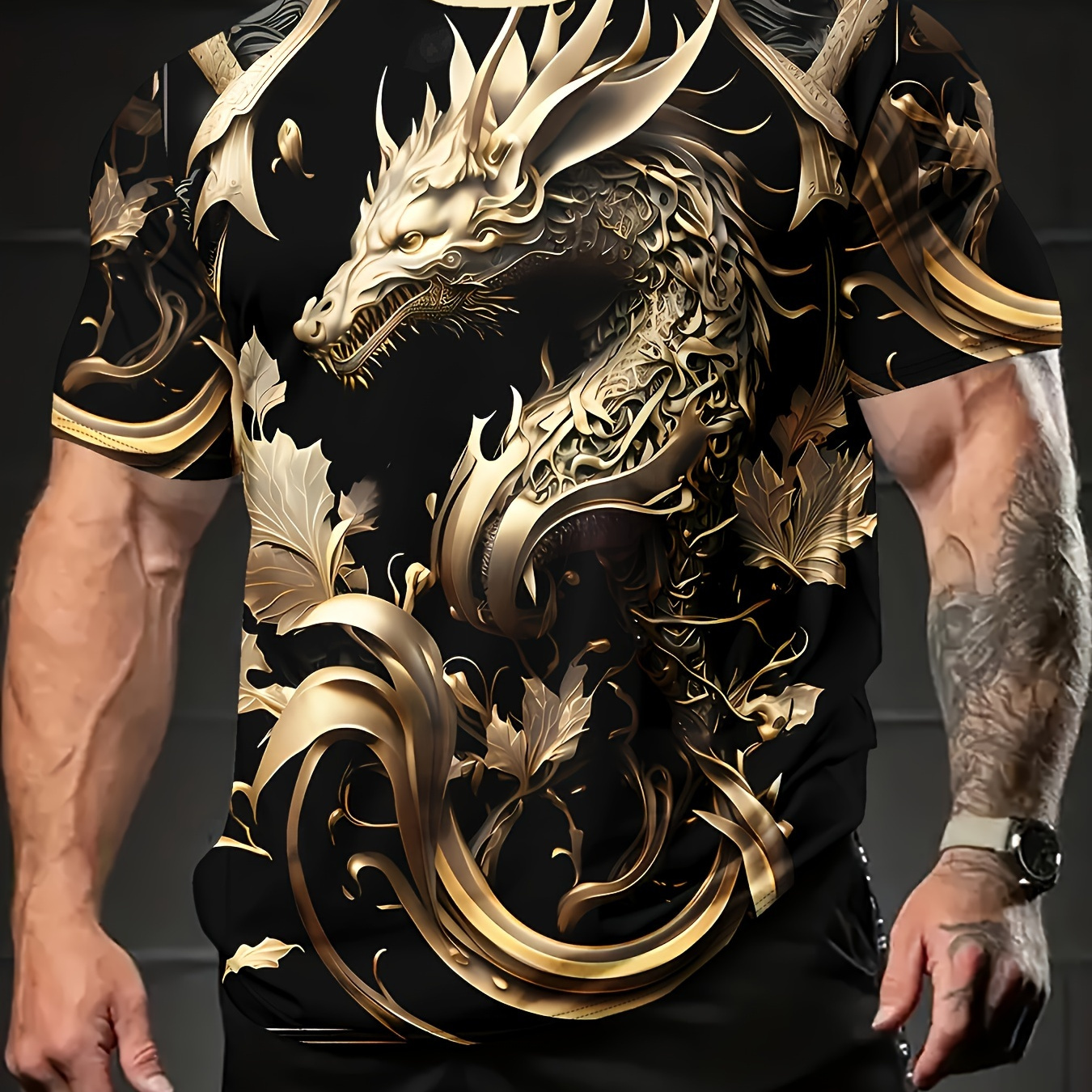 

T-shirt à manches courtes et col rond pour homme, imprimé dragon doré, décontracté et , haut d'été décontracté pour homme, adapté à toutes les en extérieur.