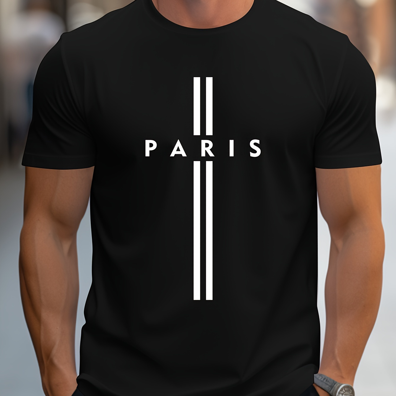 

Paris Creative Stylish Pattern, Men's Round Crew Neck Short Sleeve, Simple Style Tee, Fashion Regular Fit T-shirt, Casual Comfy Top For Spring Summer Holiday Leisure Vacation Men's Clothing As Gift