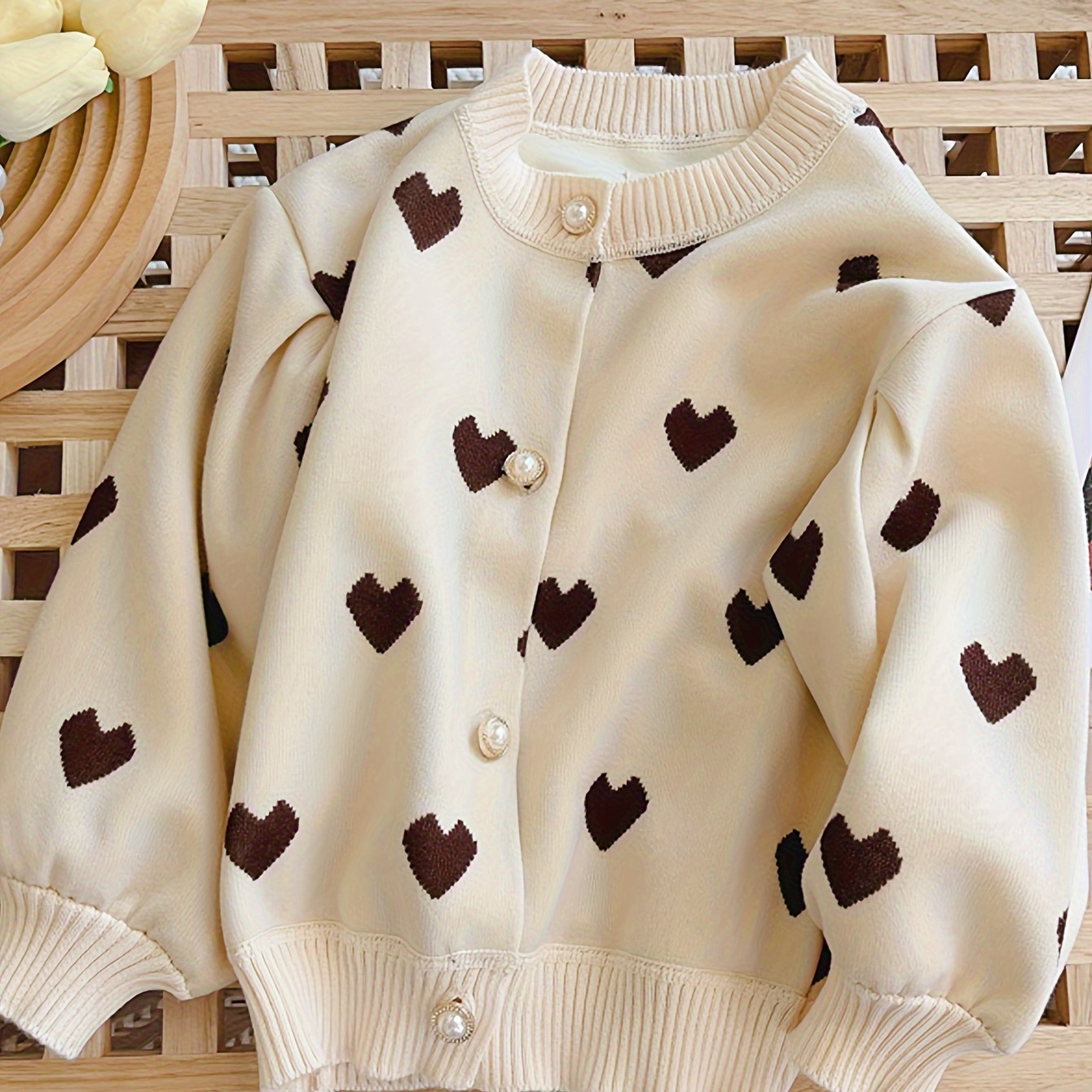 

Cute Hearts Crew Neck Knit Cardigan For Girls, Elaborate Buttons Long Sleeve Sweater Coat Fall/spring Girl's Clothing