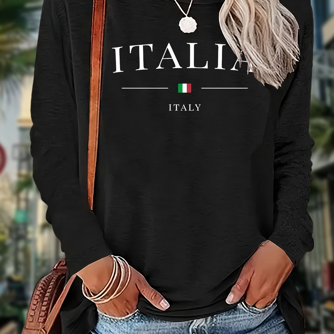 

Italy Print T-shirt, Long Sleeve Crew Neck Casual Top For Spring & Fall, Women's Clothing