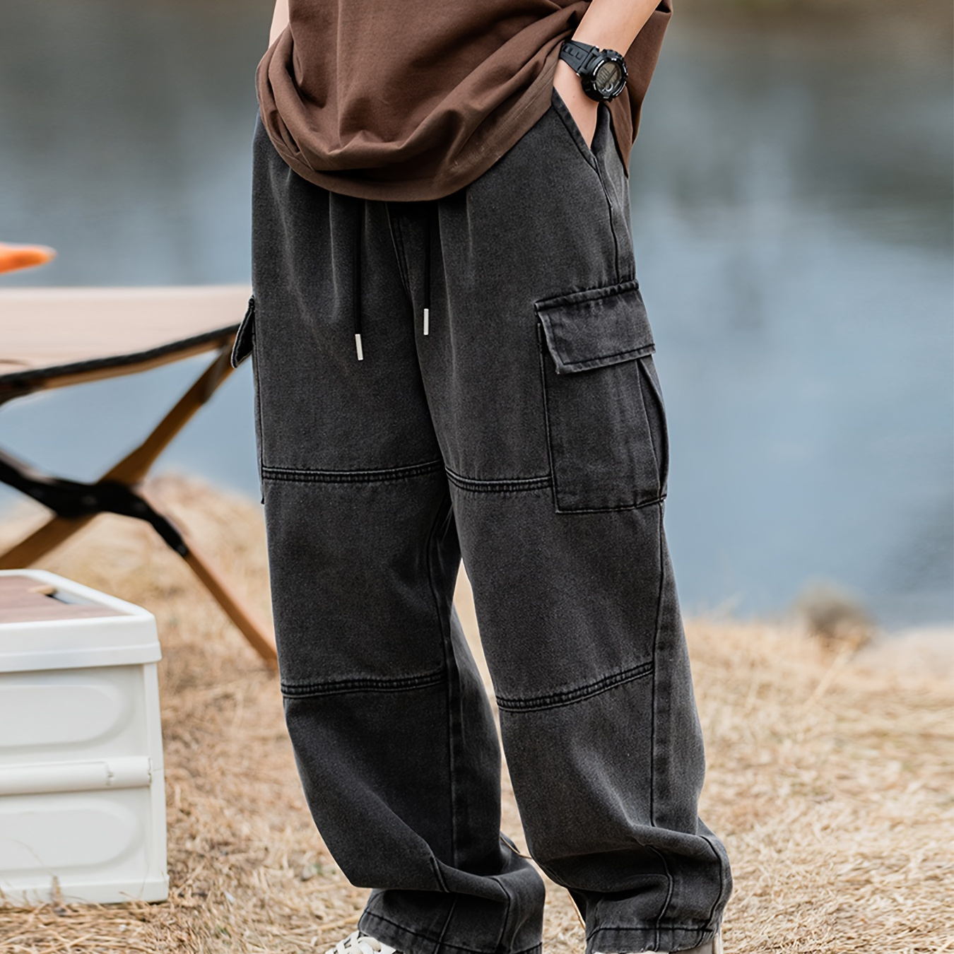 

Men's Solid Cargo Pants With Multi Pockets, Causal Drawstring Cotton Blend Trousers For Spring Fall Outdoor Activities