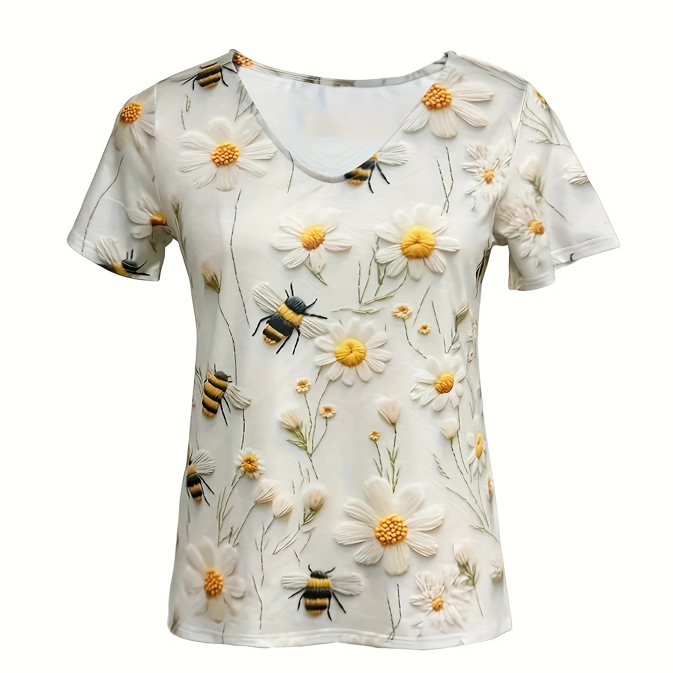

T-shirt à imprimé floral grande taille, haut décontracté à manches courtes col en V pour le printemps et l'été, vêtements grande taille pour femmes