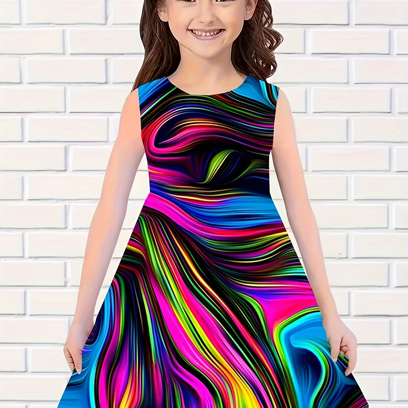 

Girls' Vibrant Swirl Princess Dress, Colorful Casual A-line Skirt, Kids' Fashion, Twirl-friendly Party Outfit