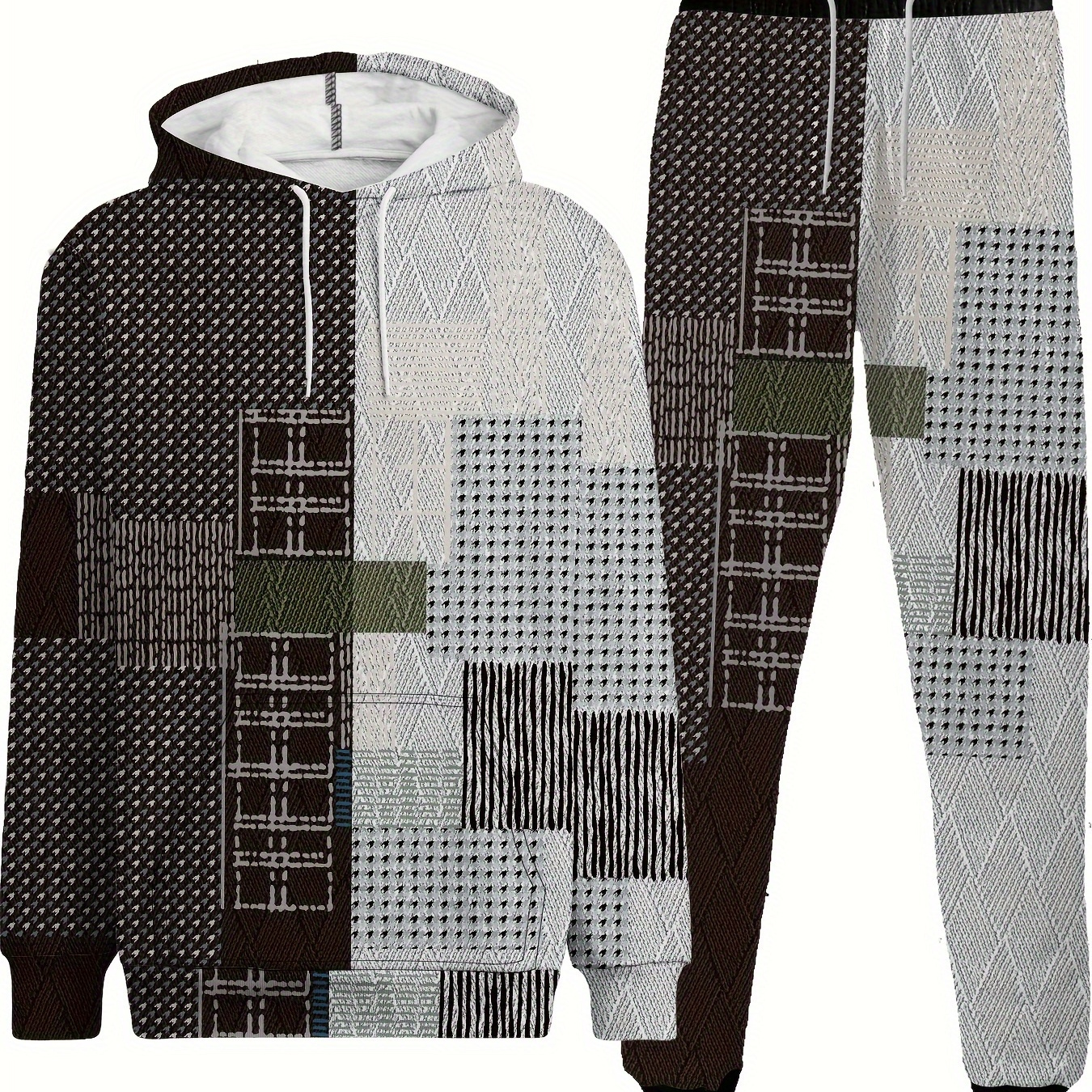 Plus Size Men's Contrast Color Pattern Print Sweatshirt & Pants Set For Spring Fall Winter, Men's Clothing